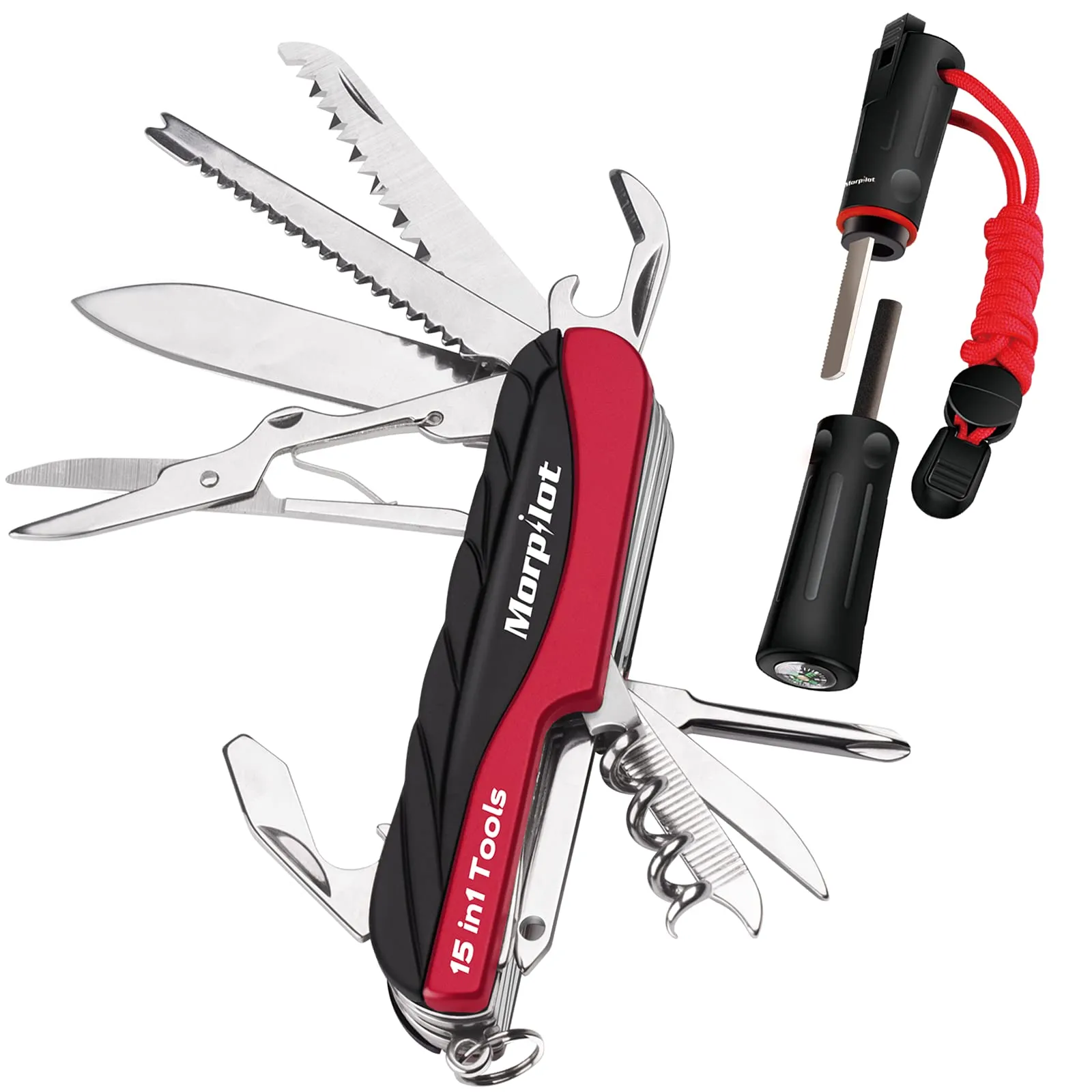 Morpilot Coltello Multiuso e 5 in 1 Flintstone Set 15 in 1 Fire Starter con Fischietto e Coltellino Multifunzione in Selce con Cacciavite, Forbici, Sega, Bussola, Escursionismo ed Emergenza