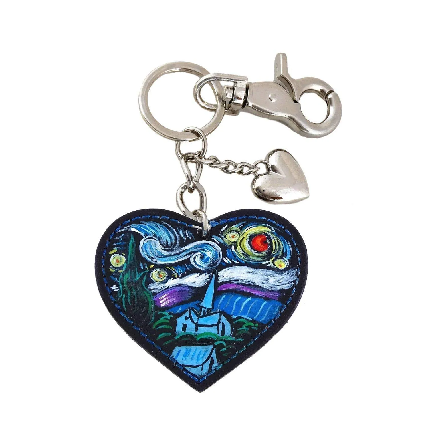 Portachiavi in pelle dipinta a mano – LA NOTTE STELLATA DI VAN GOGH, portachiavi cuore donna in vera pelle e acciaio, lavorazione artigianale Made in Italy, idea regalo