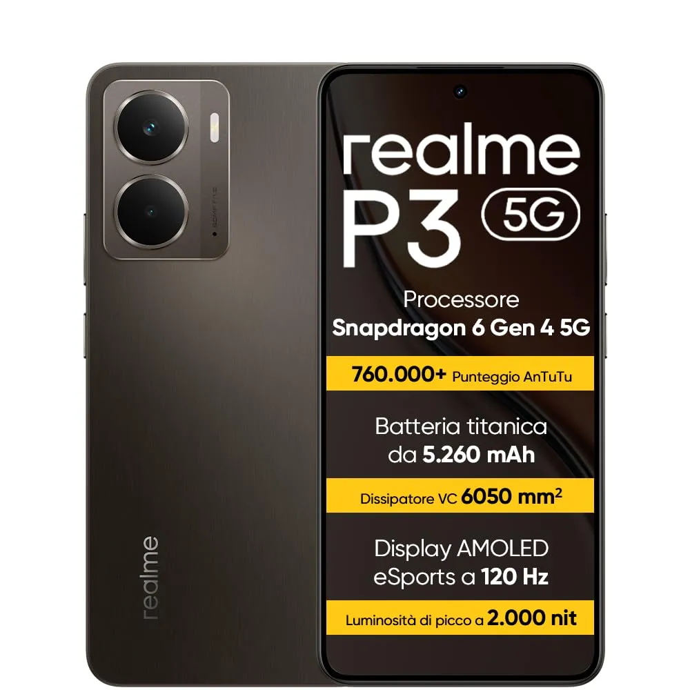 realme P3 5G Smartphone 8+256 GB, Processore Snapdragon 6 Gen 4 5G, Batteria titanica da 5260mAh,Ricarica rapida da 45W, AMOLED da 120 Hz, Luminosità di picco a 2.000 nit, IP69, Grey