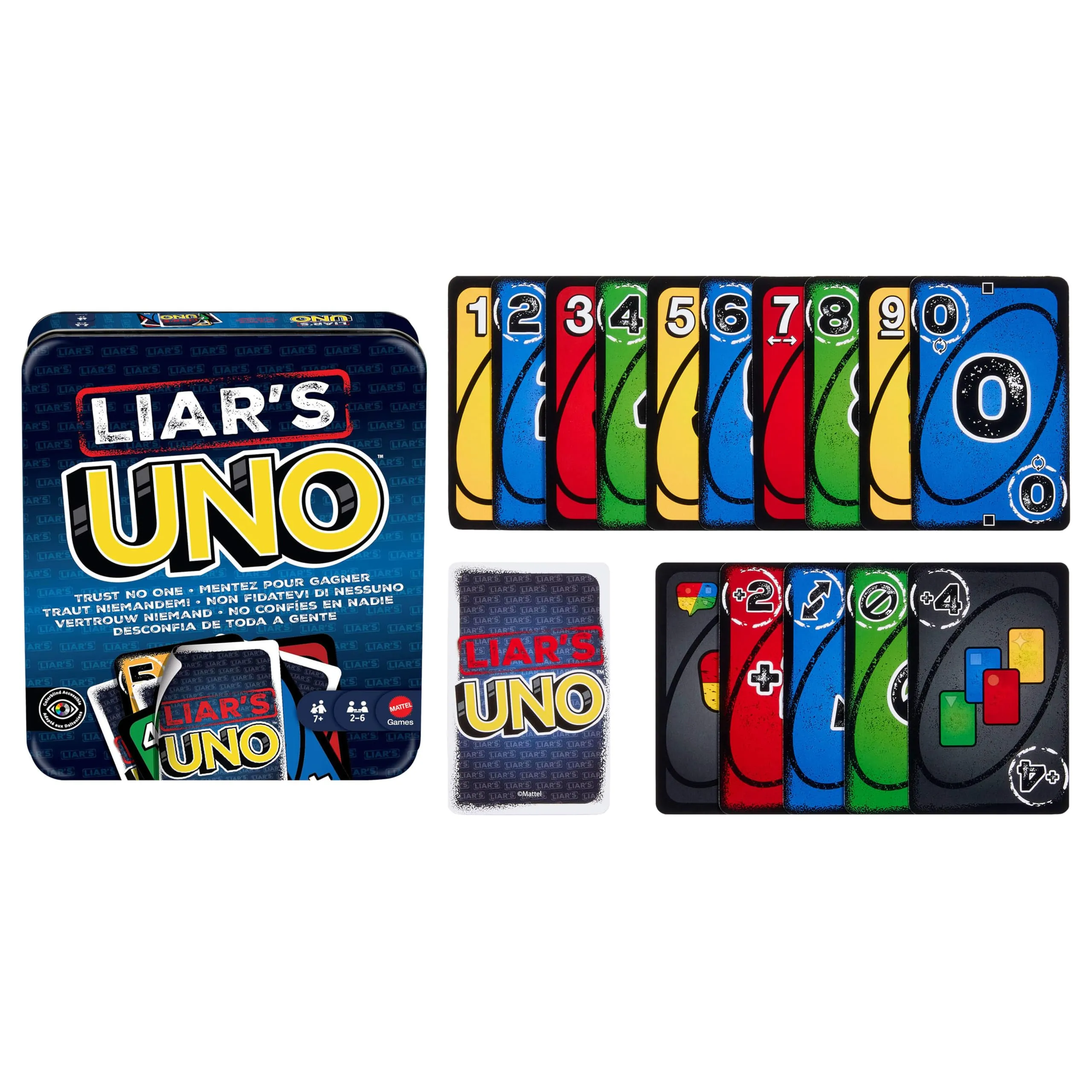 Mattel Games - Liar's UNO, nuova versione dell'iconico gioco in scatola da viaggio con bluff e trucchetti, inganna gli altri giocatori e fai dubitare i tuo avversari per vincere, 7+ anni, JLH68