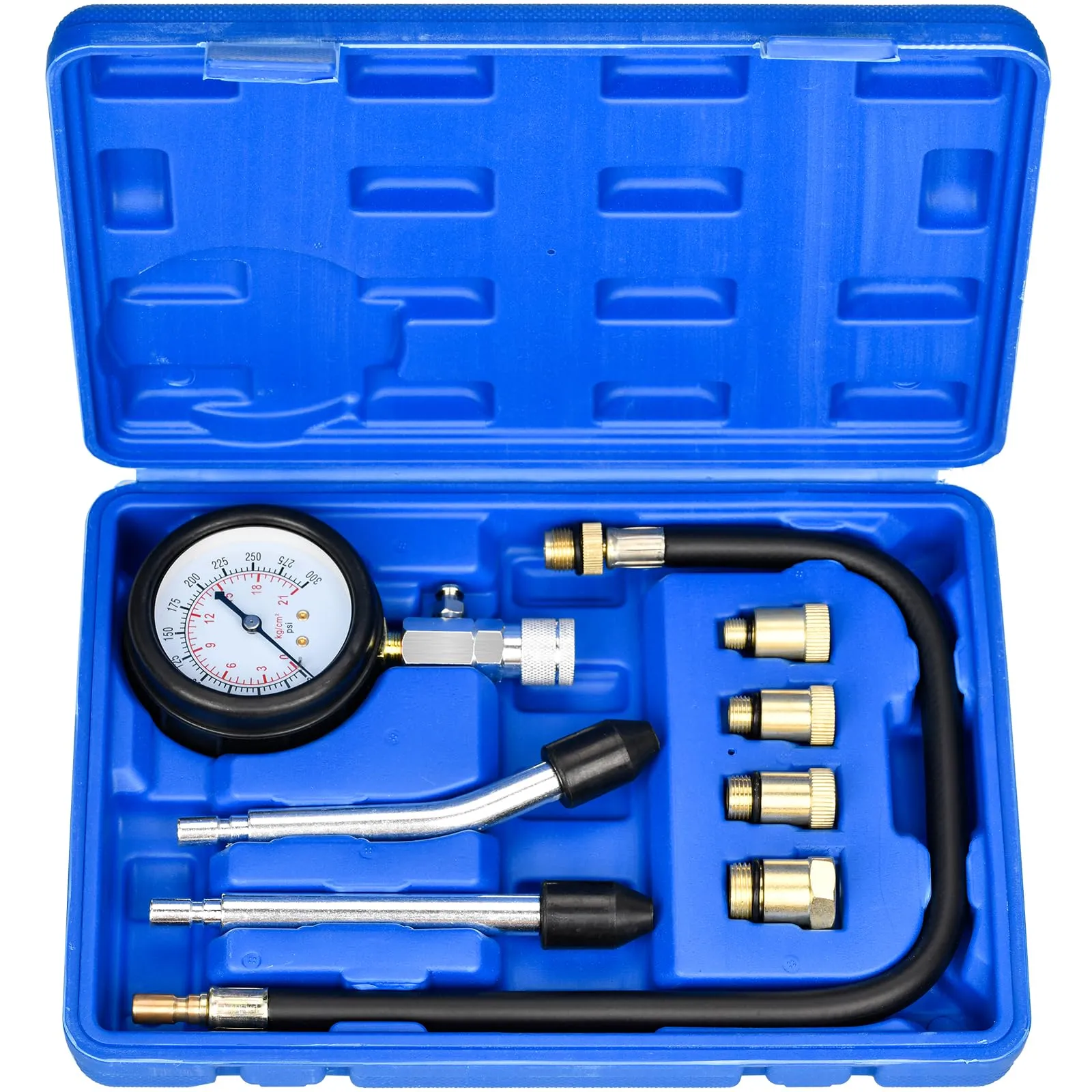 HATANSE Tester di Compressione, Manometri Compressione per Motori Benzina 0-20 Bar o 0-300 PSI con 4 Adattatori M10 M12 M14 M18 per Auto e Moto (Blu)
