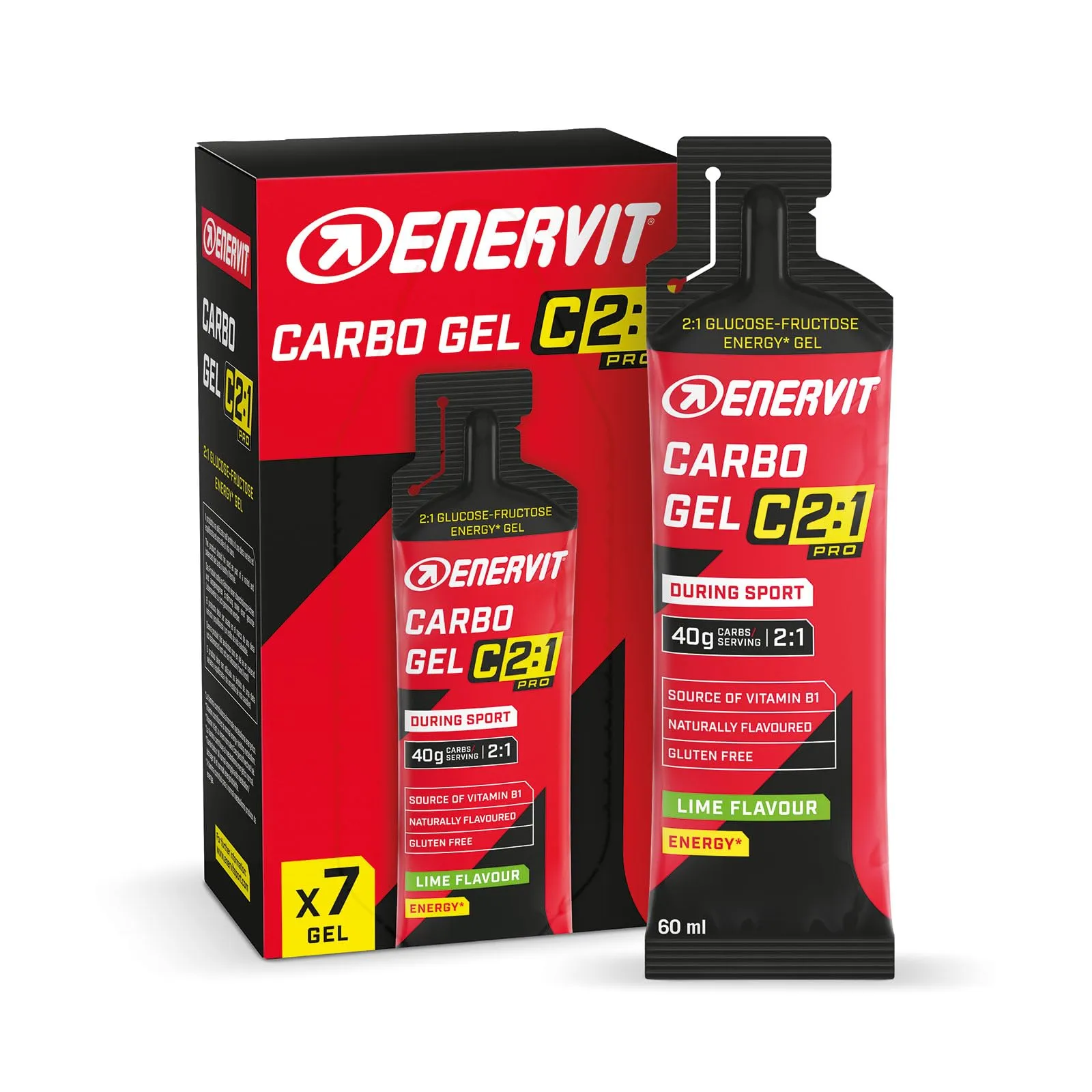 Enervit, Carbo Gel C2:1PRO Lime, Gel Energetico, 40g di Carboidrati, Per Attività ad Alta Intensità, +50% di Carboidrati Assorbiti, Gusto Lime, Senza Glutine, Alta Digeribilità, Vegan, 7 Pack da 60ml