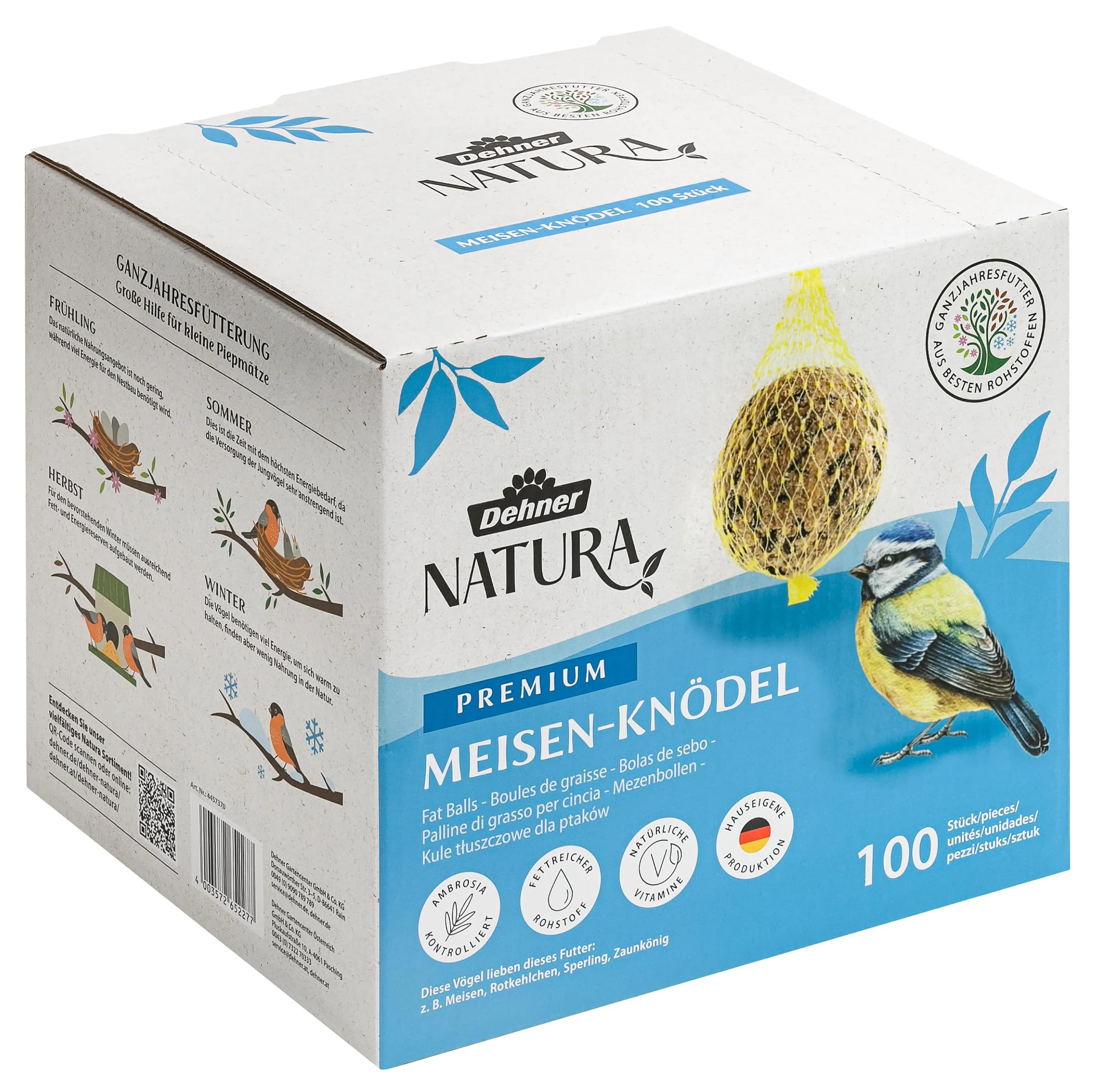 Dehner Natura Premium palline per cinciallegre con rete, ricche di proteine ed energia, cibo di alta qualità per uccelli selvatici, 100 pezzi da 90 g ciascuno (9 kg), scatola certificata FSC