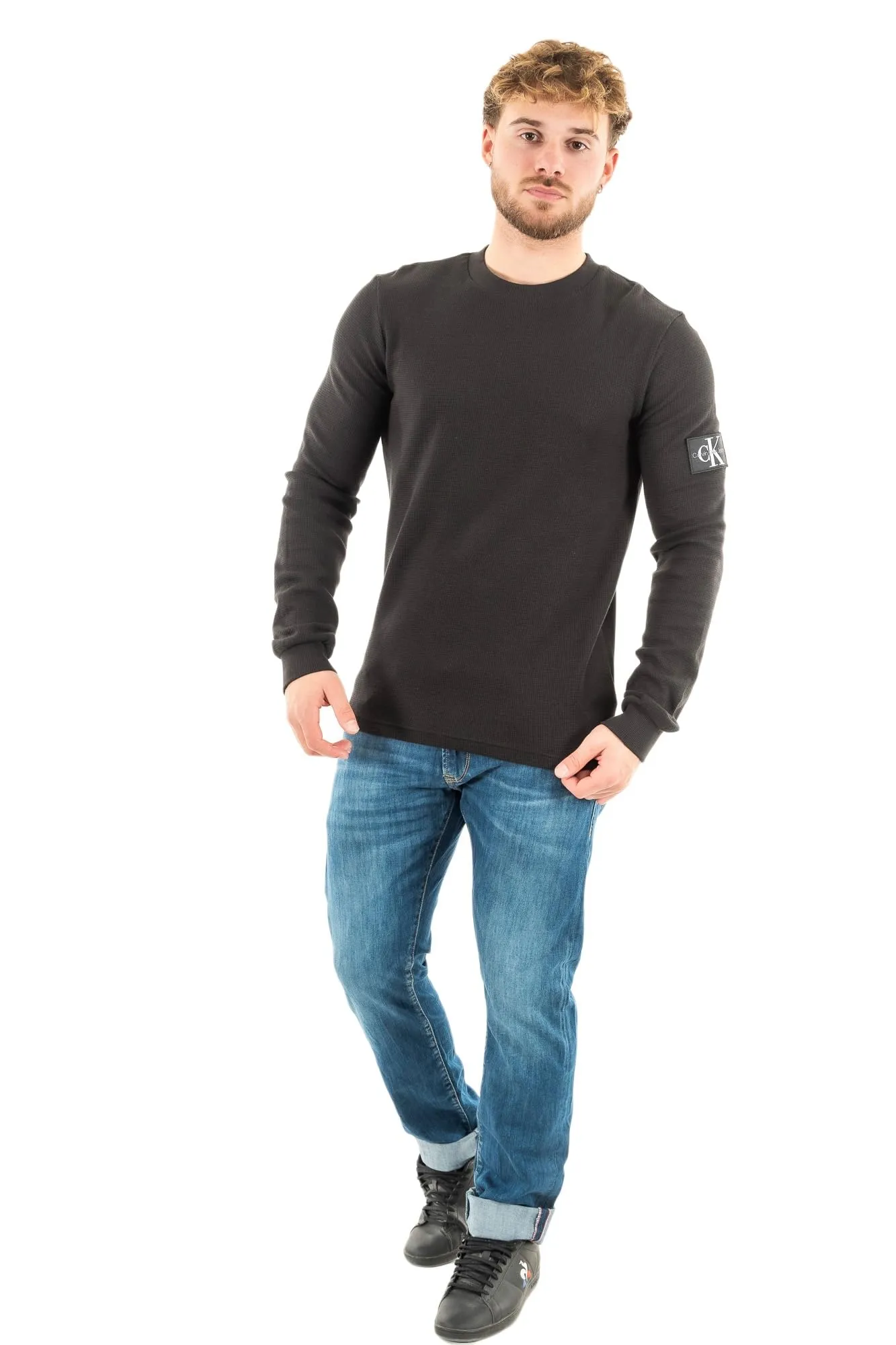 Calvin Klein Jeans Maglietta Maniche Lunghe Uomo Badge Waffle LS Tee Basic, Nero (Ck Black), XS