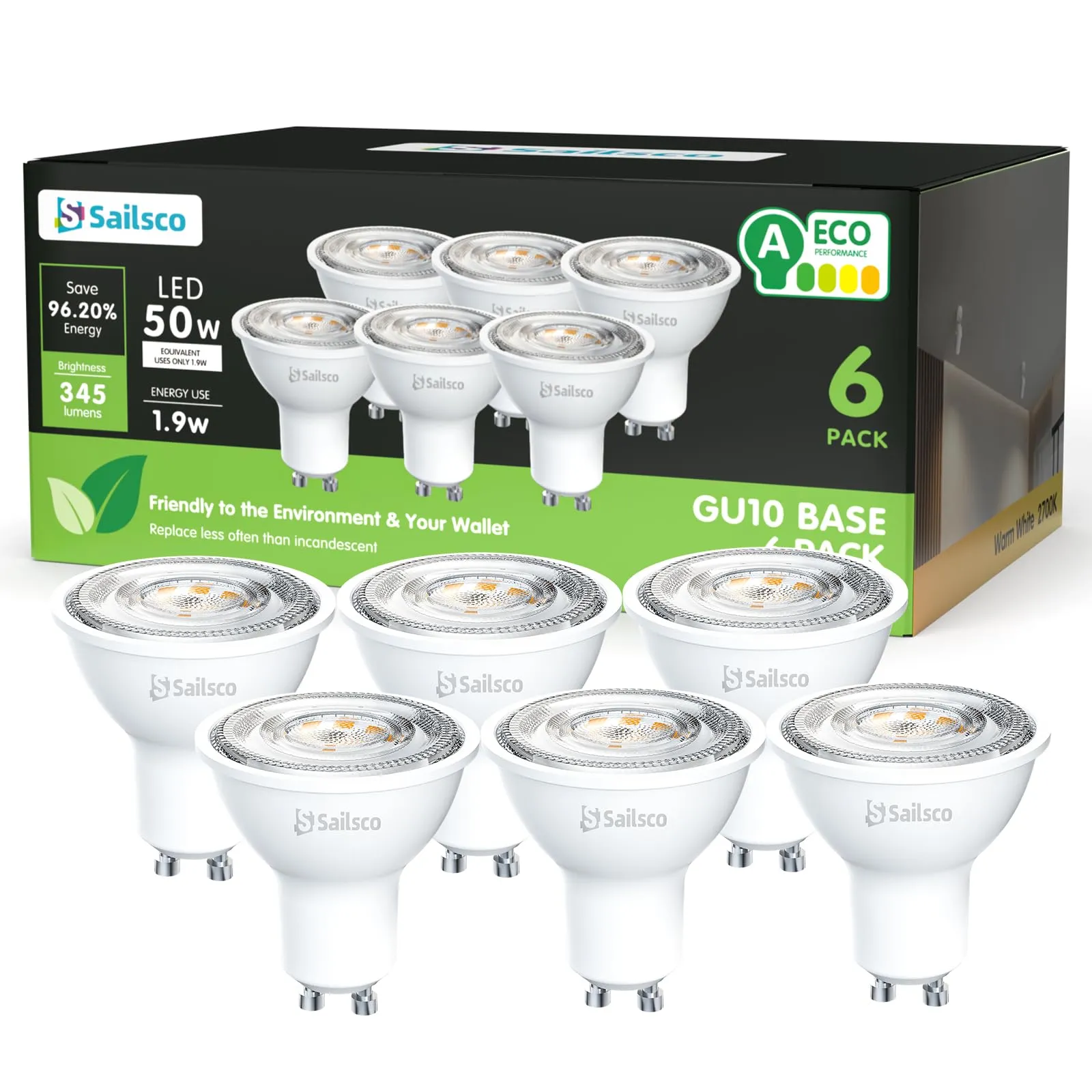 sailsco Classe A Lampadine GU10 LED Spot,1.9W (Equivalenti a 50W),345 Lumen,2700K Bianco Caldo,Risparmio Energetico LED GU10,Lunga Durata,Basso Consumo,36° Angolo del Fascio,Non Dimmerabile,6 Pezzi