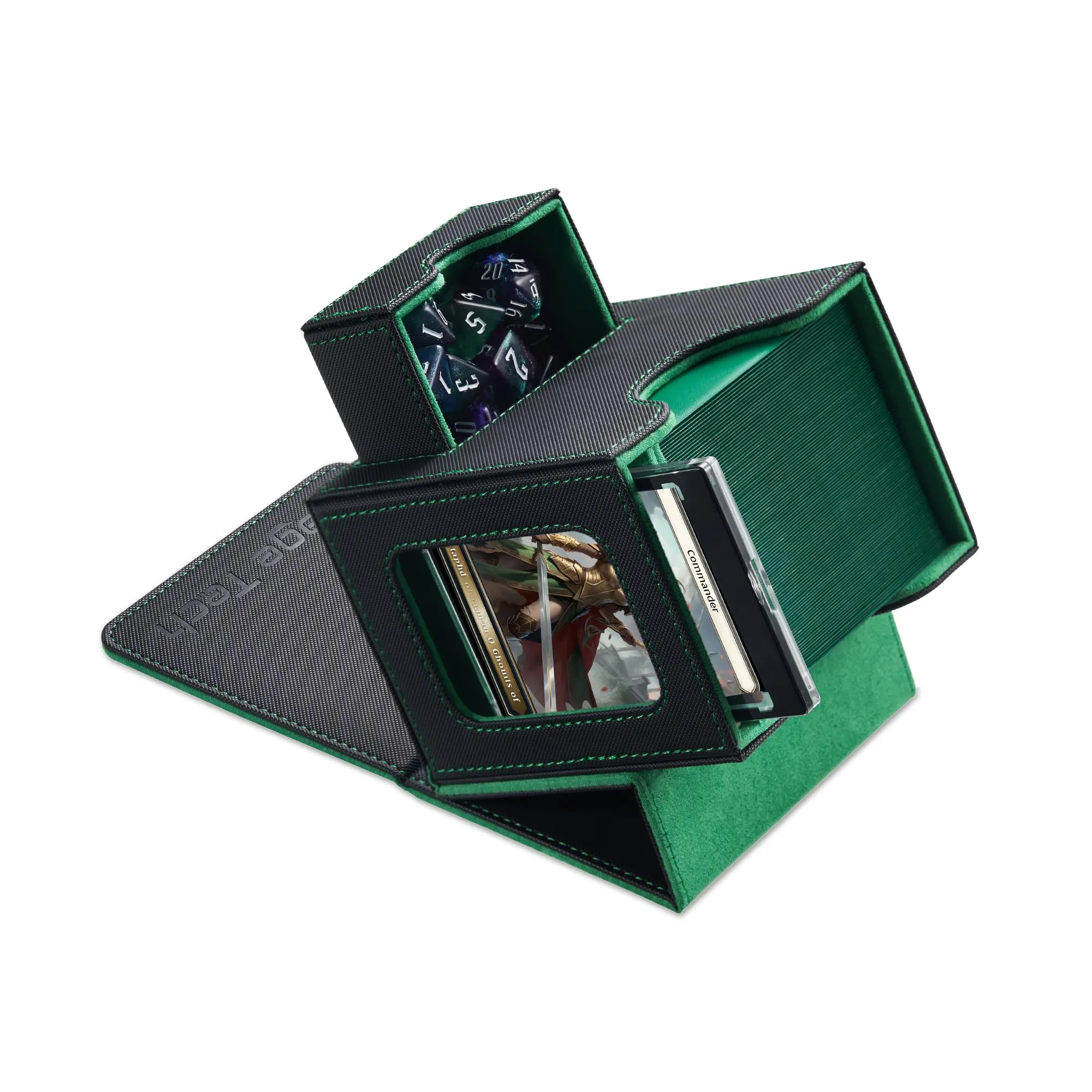 Mage Tech Commander Deck Box per MTG - Design Brevettato, Vetrina Commander, Adatta a 100 Carte Double-Sleeve, Porta Carte Magnetico da 35pt & Vassoio per Dadi - Nero/Verde