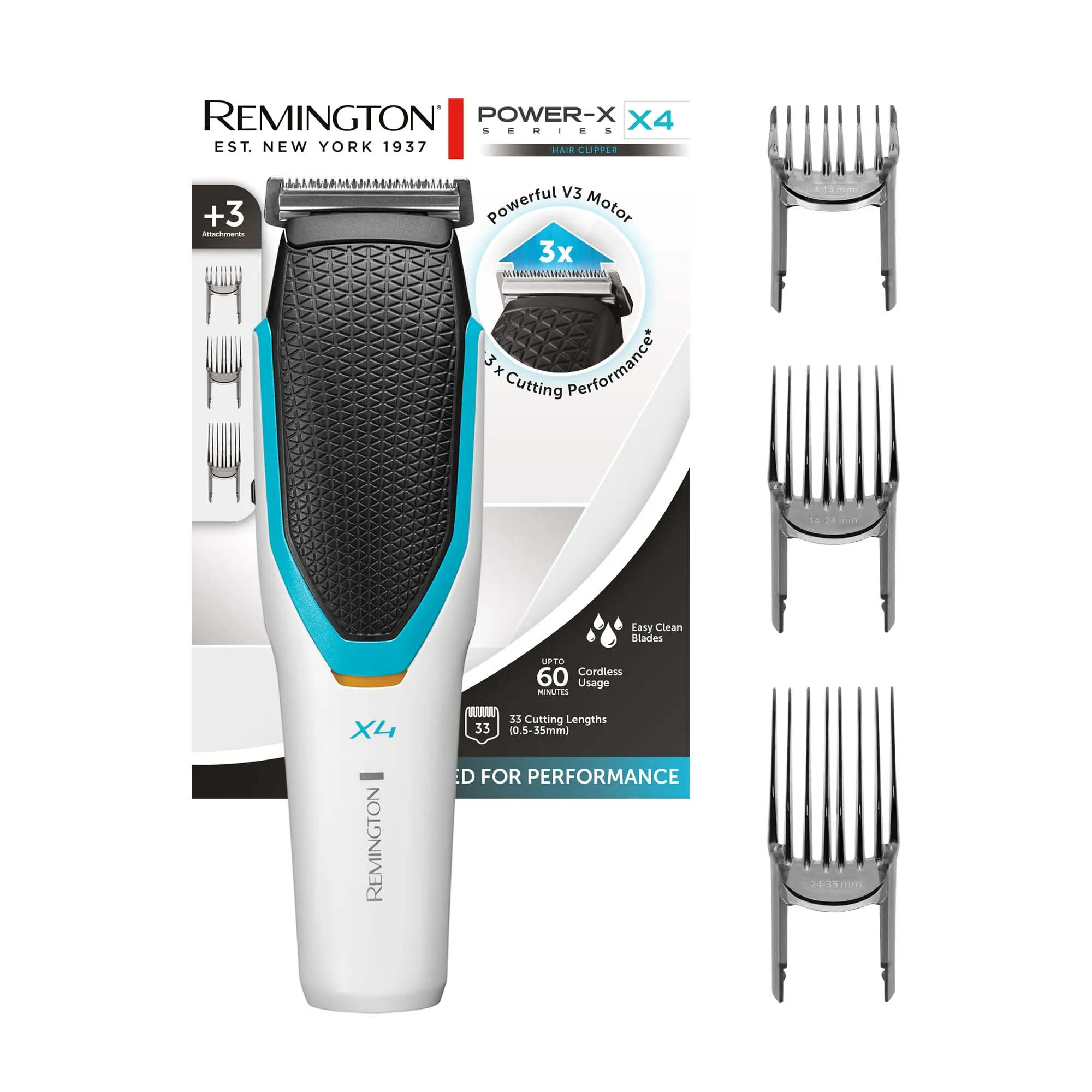 Remington Tagliacapelli Professionale - Lame in Acciaio Inox giapponese - 3 pettini regolabili 3-35 mm, Funzionamento a rete-batteria, Tagliacapelli Profi X4 HC400
