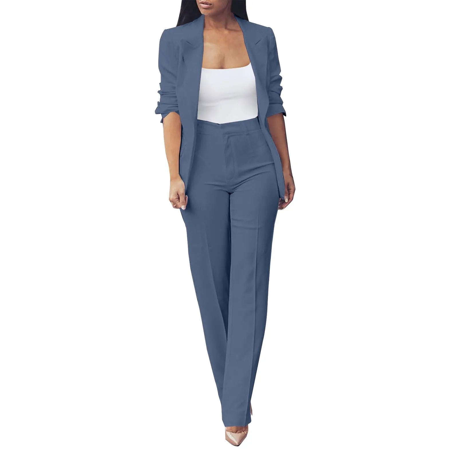 Completo Donna Elegante 2 Pezzi Gilet Giacca Lunga Maniche e Pantaloni in Vita Alta Tailleur Ragazze Eleganti Estate in Tinta Unita Vita Alta Curvy Pantalone Due Pezzi Suit Cerimonia Set per Donne