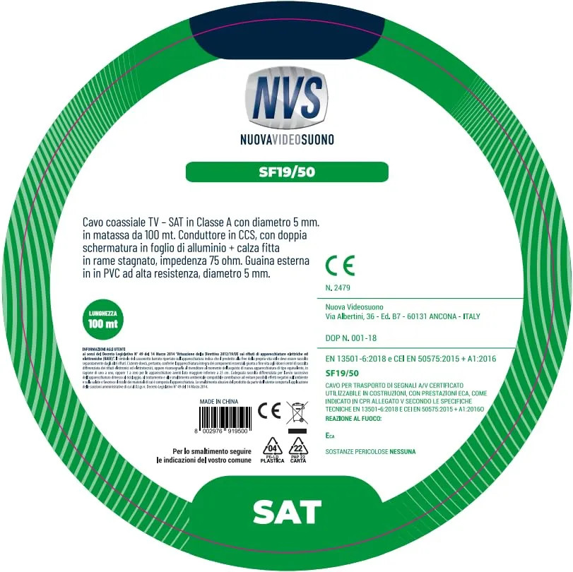 NVS Cavo coassiale TV – SAT in Classe A con diametro 5 mm in matassa da 100 mt. Conduttore in CCS, con doppia schermatura in foglio di alluminio + calza fitta in rame stagnato, impedenza 75 ohm.