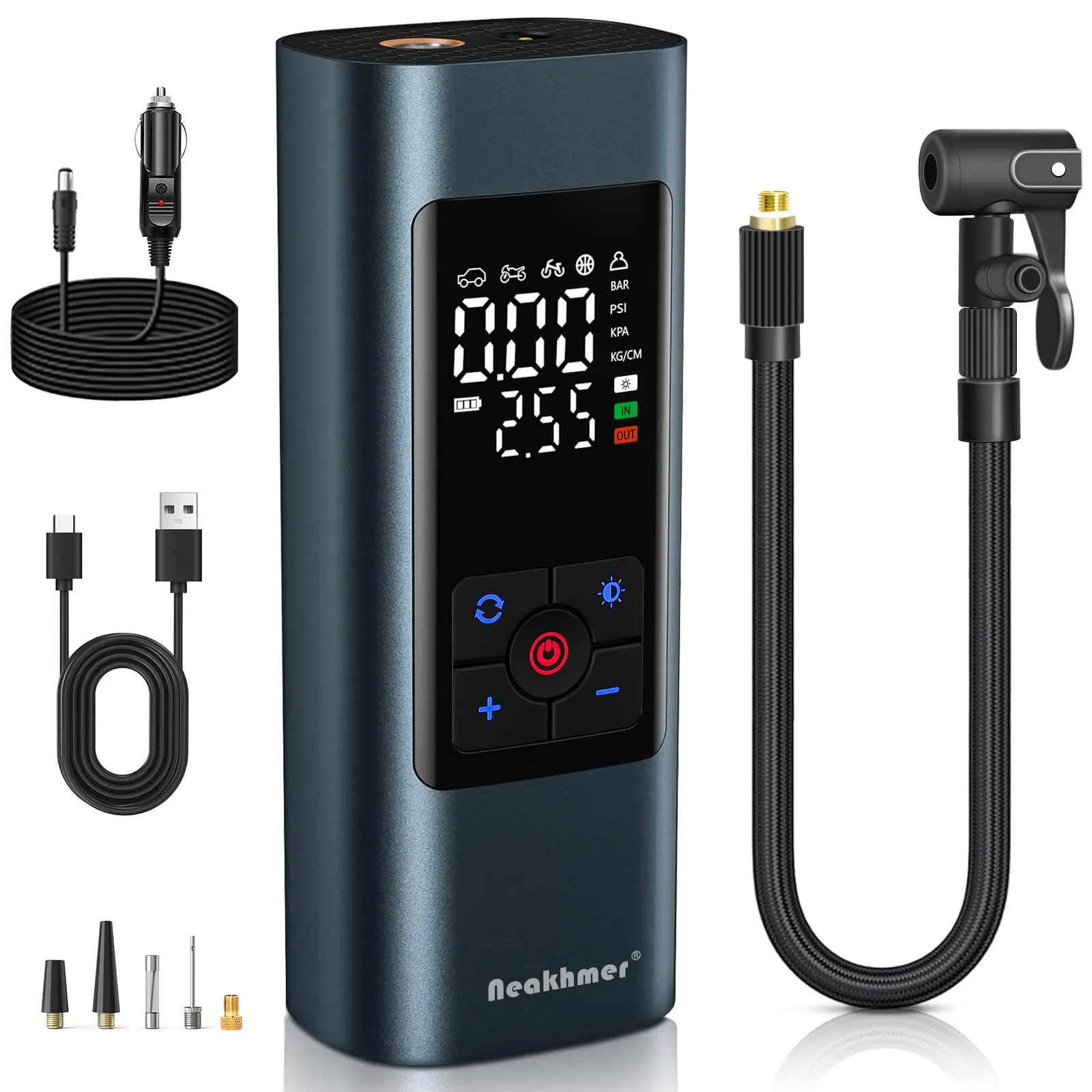 Neakhmer Mini compressore pompa ad aria: 150 PSI pompa ad aria elettrica con funzione deflate – Pompa portatile per auto, moto, bicicletta