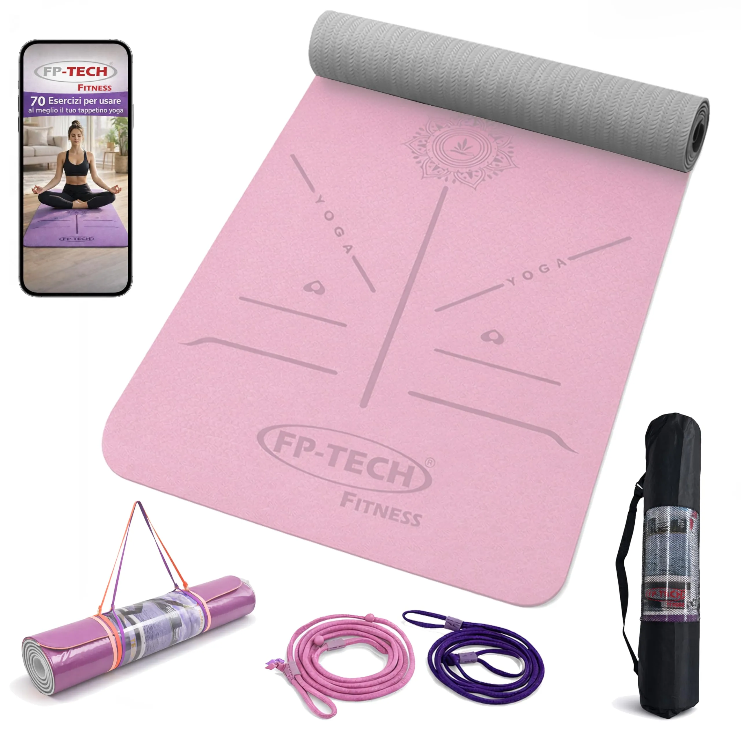 FP-TECH TAPPETINO DA YOGA IMBOTTITO ANTISCIVOLO FITNESS PILATES GINNASTICA IN TPE MAT CON SACCA 183 X 68 X 0.8 CM (Fucsia-Grigio)
