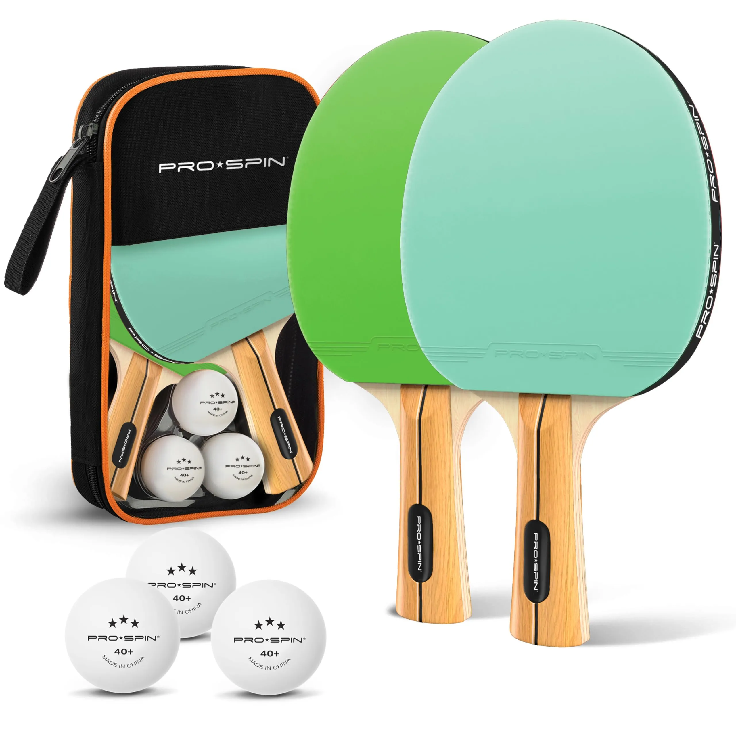 PRO-SPIN Ping Pong Set da Tavolo di Alta qualità - Racchette Ping-pong, Palline Ping Pong a 3 Stelle, Custodia Compatta - Gioco da Interni o Esterni (Set da 2 Giocatori, Menta/Verde)