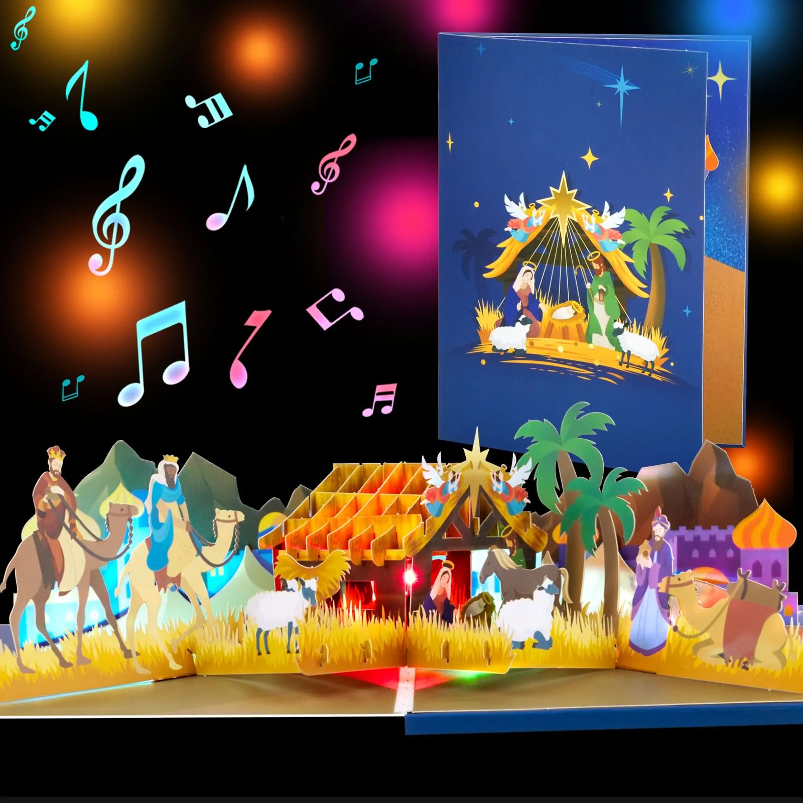 Biglietto di Natale pop-up 3D con LED e musica – Presepe – Biglietto di Natale religioso per la nascita di Gesù – Biglietto festivo per la famiglia, gli amici, con musica e busta – saluti di Natale