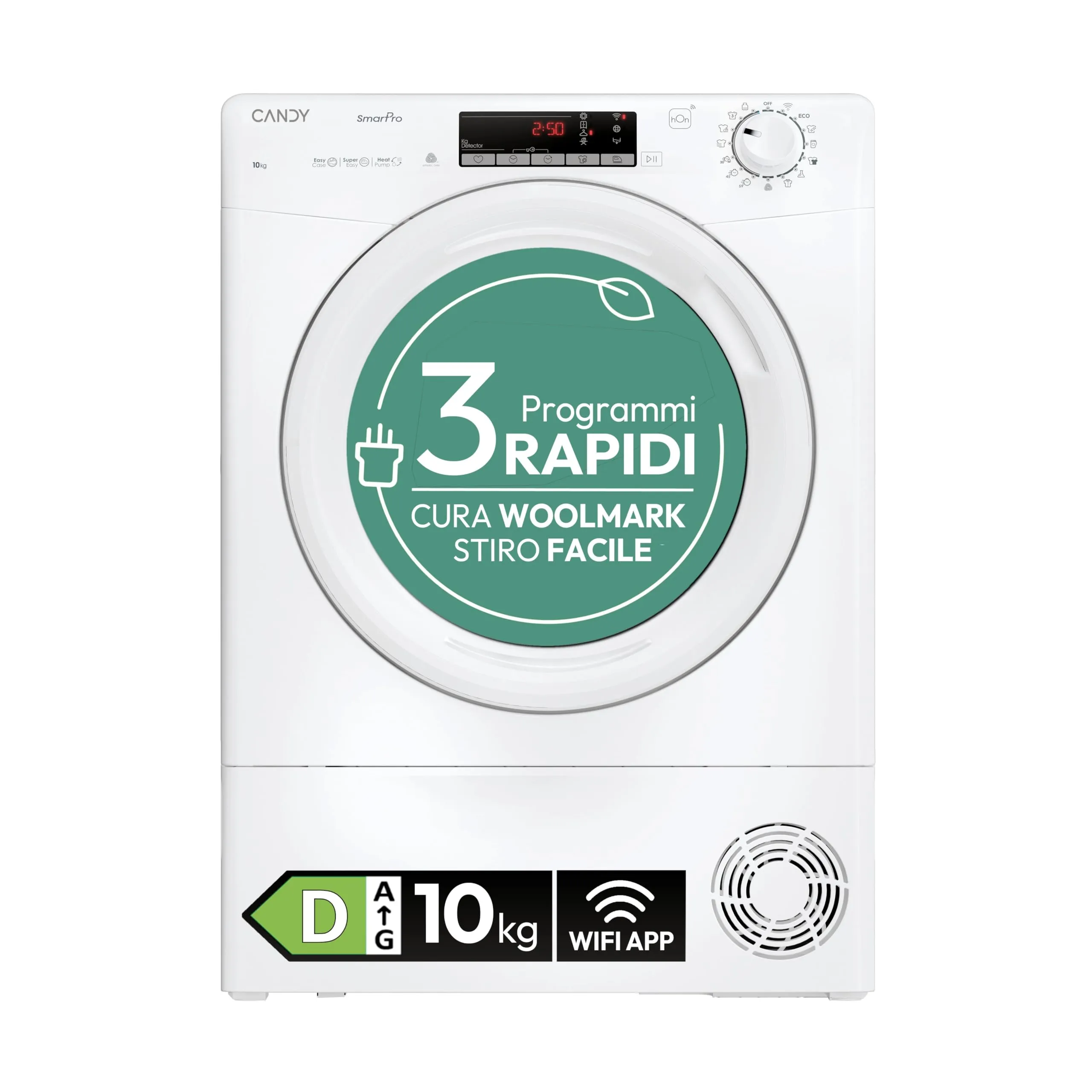 Candy Smart Pro CRO EH10N2TE-S, Asciugatrice 10KG, Pompa di Calore, Connetività Wi-Fi + BLE, App HOn, Woolmark Certification, Rumorosità (dB) 64, 85 x 59.6 x 58.5 cm(A x L x P cm), Bianca - Classe D