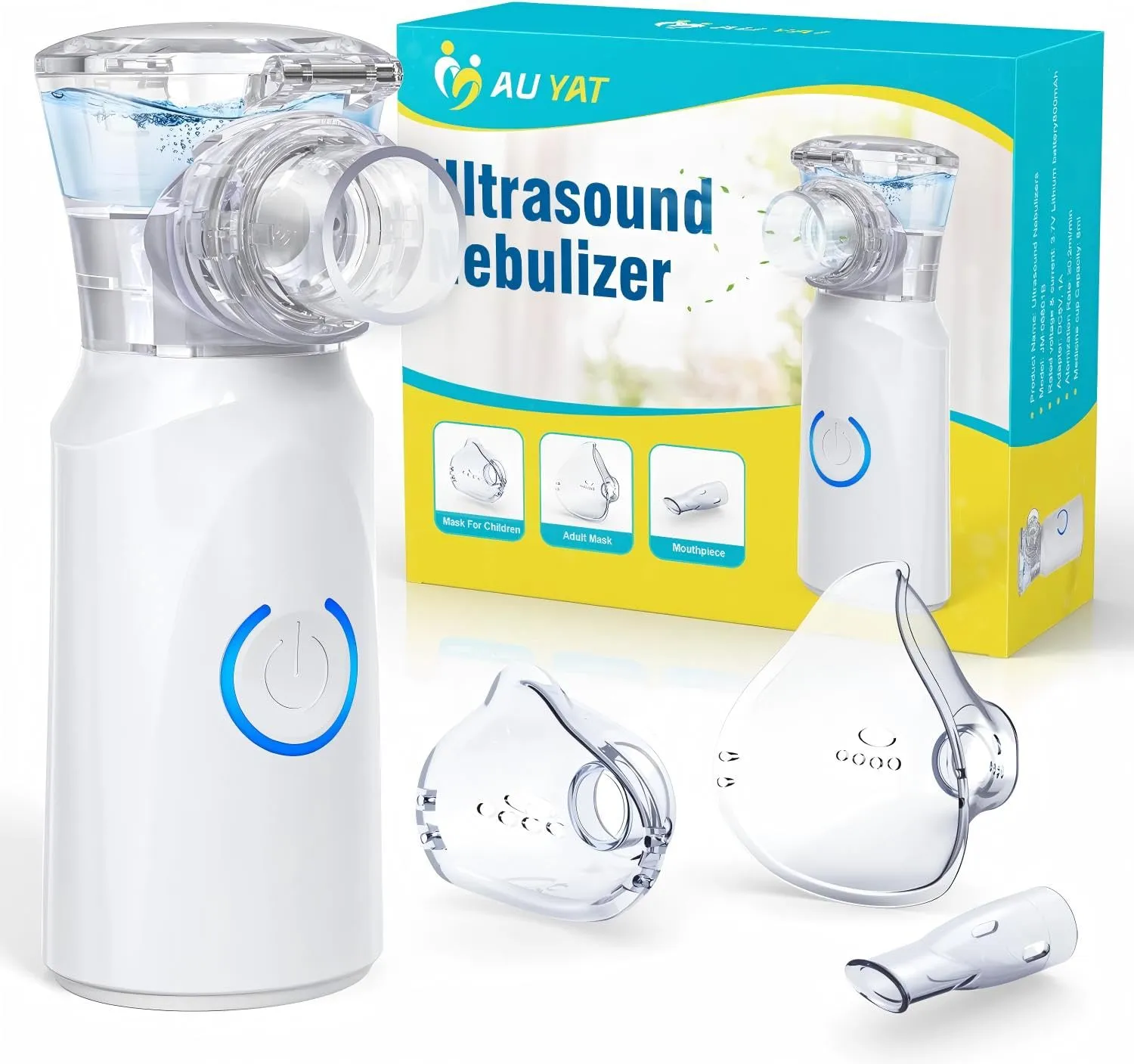 Aersol Portatile Silenzioso, Ricaricabile Macchina Aerosol per Adulti e Bambini, AU YAT Aerosol Ultrasuoni con 2 Maschere e Boccaglio, Macchina Aerosol per Viaggi e Uso Domestico