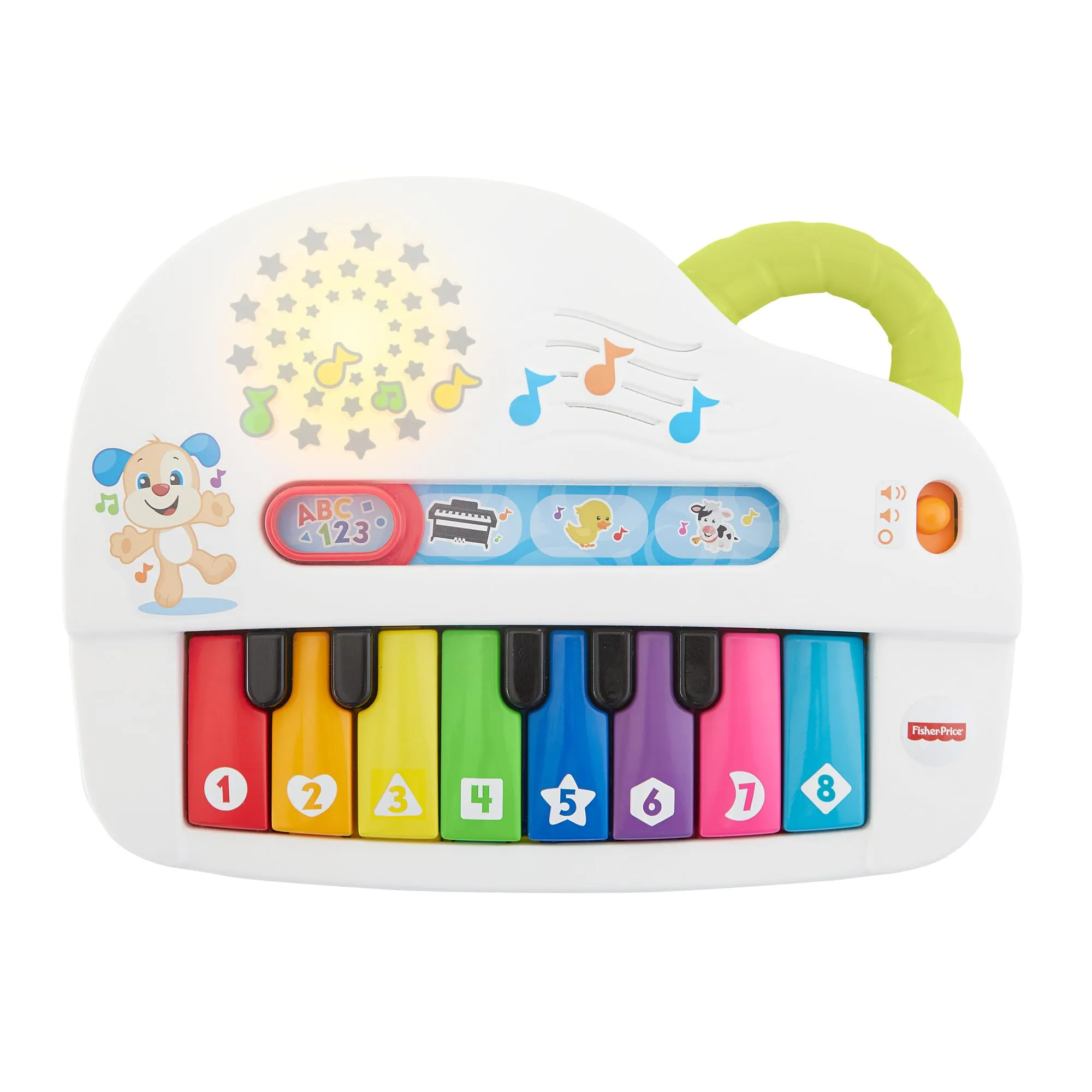 Fisher-Price - Pianoforte di Cagnolino Ridi & Impara, Pianoforte Giocattolo Portatile con Luci, Musica, Versi degli Animali,Educativi, 6+ Mesi, Edizione Inglese+Italiano+Portoghese+Spagnolo, HHX13
