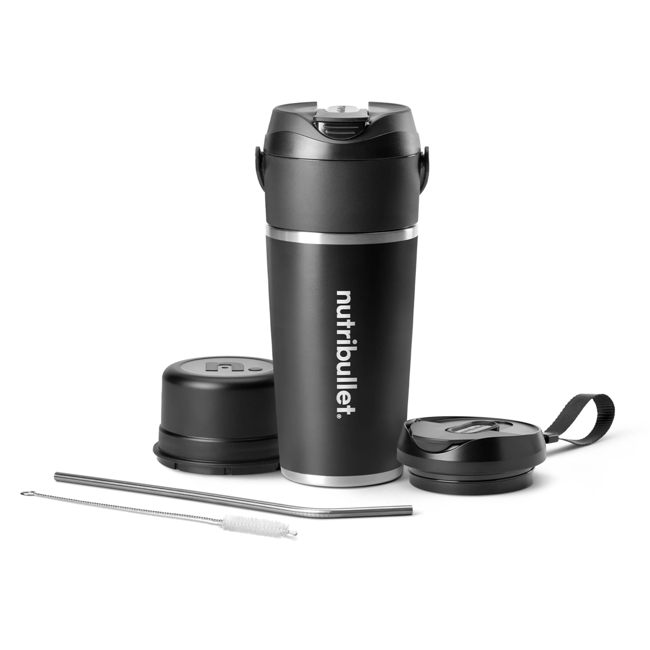nutribullet Flip, Frullatore Portatile Con Tazza Isolante Da 590ml, Mantenimento Freddo Per 24h, Frulla Il Ghiaccio, Inclusi Coperchio E Cannuccia, Ricarica USB-C, Acciaio Inossidabile, Nero, NBP016B