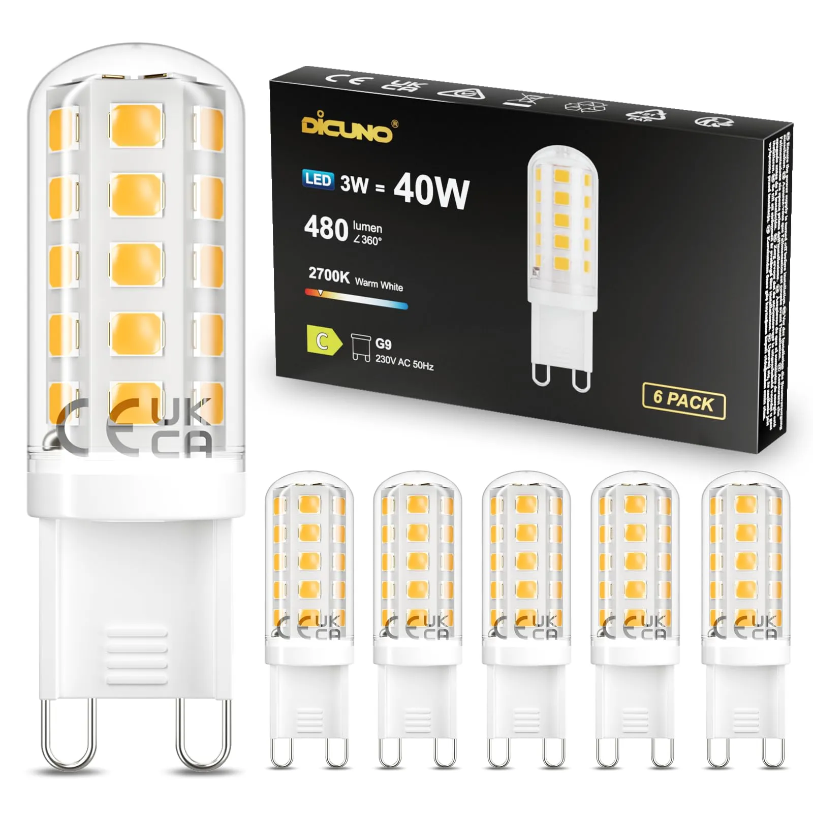 DiCUNO Lampadina LED G9 3W, equivalente a 40W alogena, 480lm, Non dimmerabile, Risparmio energetico, Led G9 per camera da letto, Soggiorno e Cucina, 6 Pezzi