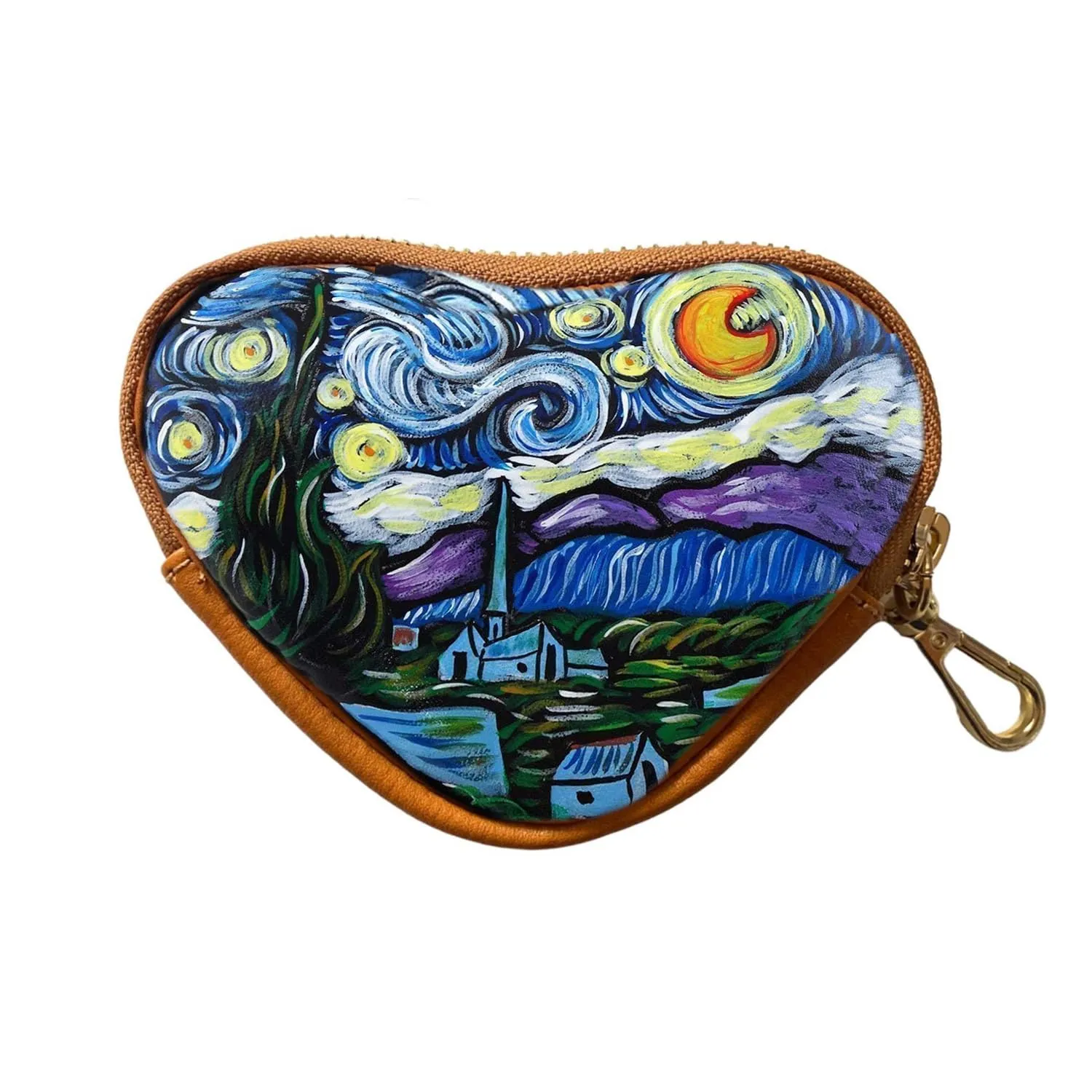 Portamonete dipinto a mano - LA NOTTE STELLATA DI VAN GOGH - Porta monete da donna a forma di cuore per rossetto, carta credito, portachiavi, Mini Portafogli, Lavorazione Artigianale