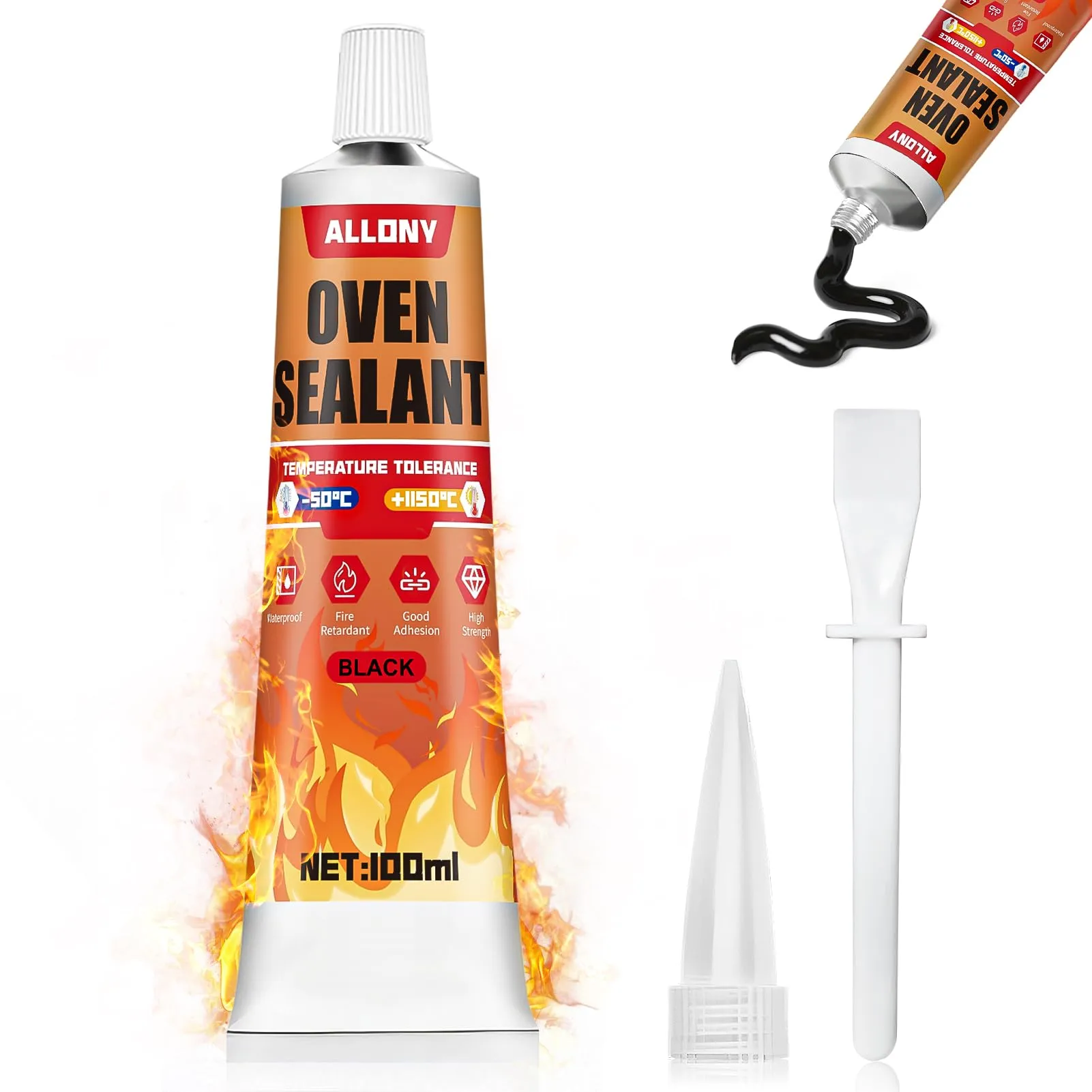 ALLONY Adesivo in silicone nero, silicone ad alta temperatura, mastice resistente al calore, resistente al calore fino a 1000 °C, colla per caminetti, forni, forno, 100 ml