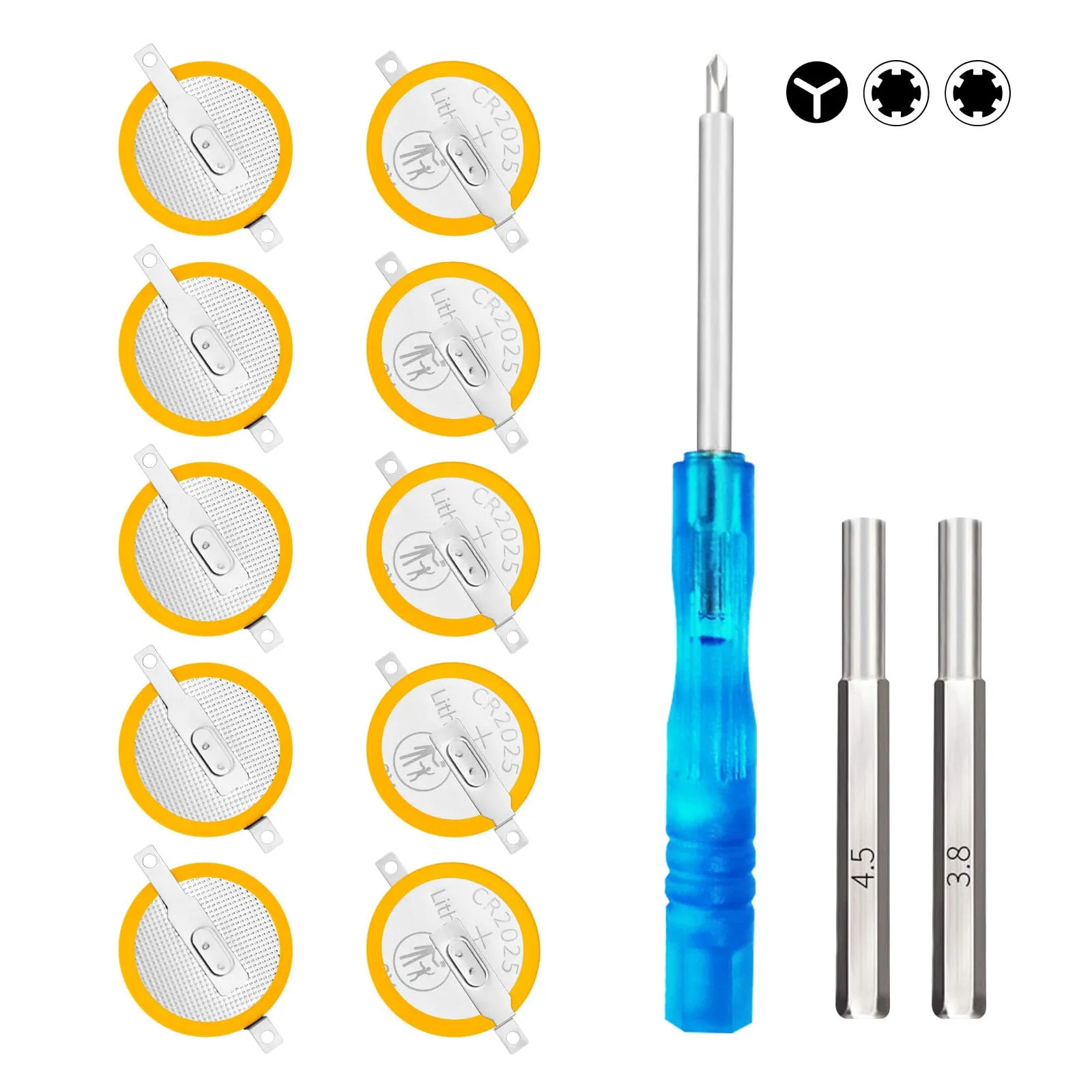 IWANGDO Batteria CR2025 con codolo compatibili con Game Boy Color, Blue, Red, Gold, Silver, Crystal Save Confezione da 10 pile con punte di sicurezza da 3,8 mm, 4,5 mm e set di cacciaviti triwing