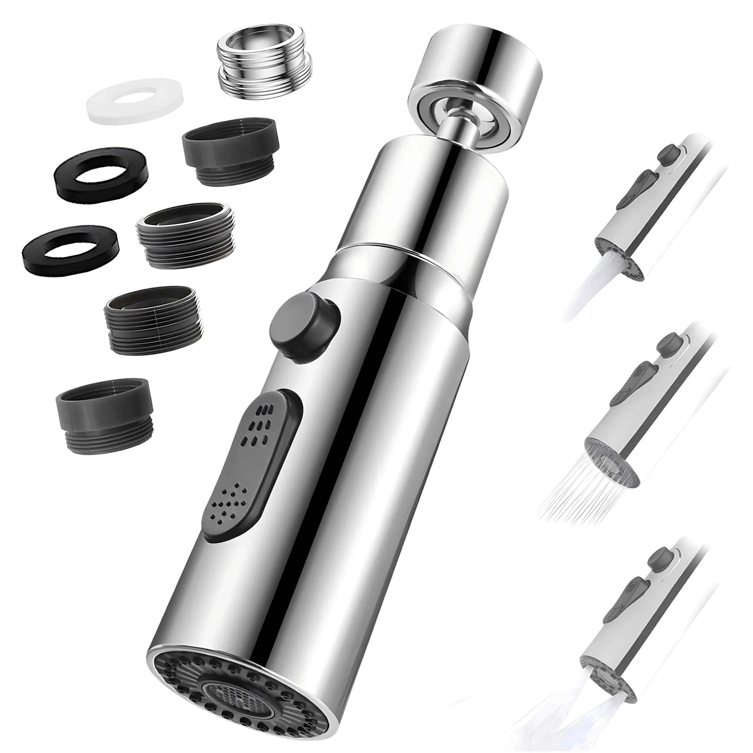 Aeratore Rubinetto Cucina, 360° Girevole Prolunga Rompigetto Rubinetto con 3 Modalità Aeratore Filtro Antispruzzo, 5 Tipi Adattatore Filettato doccetta per Lavello Cucina Bagno