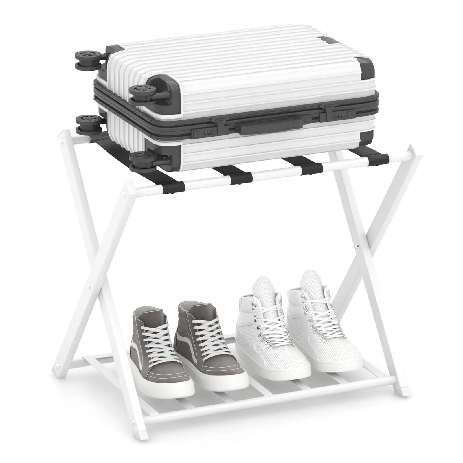 COSTWAY Portavaligie Pieghevole, Porta Valigie Poggia Bagaglio a 2 Ripiani, Cavalletto da Valigie, per Hotel e Viaggio, in Metallo, 68 x 43 x 56 cm (Bianco 1)