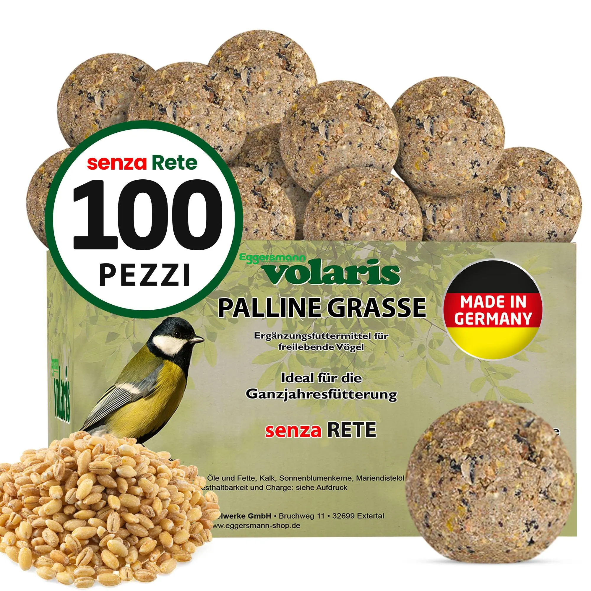Eggersmann volaris 100 gomitoli di cince senza rete, 9 kg | sfera per uccelli selvatici | mangime ricco di sostanze nutritive per tutte le specie di uccelli