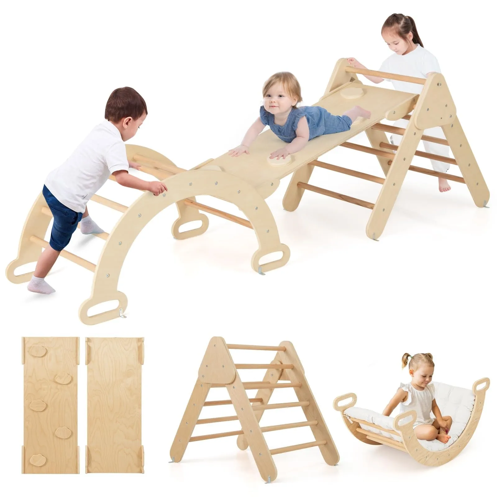 COSTWAY 3 in 1 Set da Arrampicata per Bambini, Giocattoli da Arrampicata a Triangolo con Triangolo Arco e Salita, Ideale per Bambini 1 Anni + (Naturale, con cuscino)