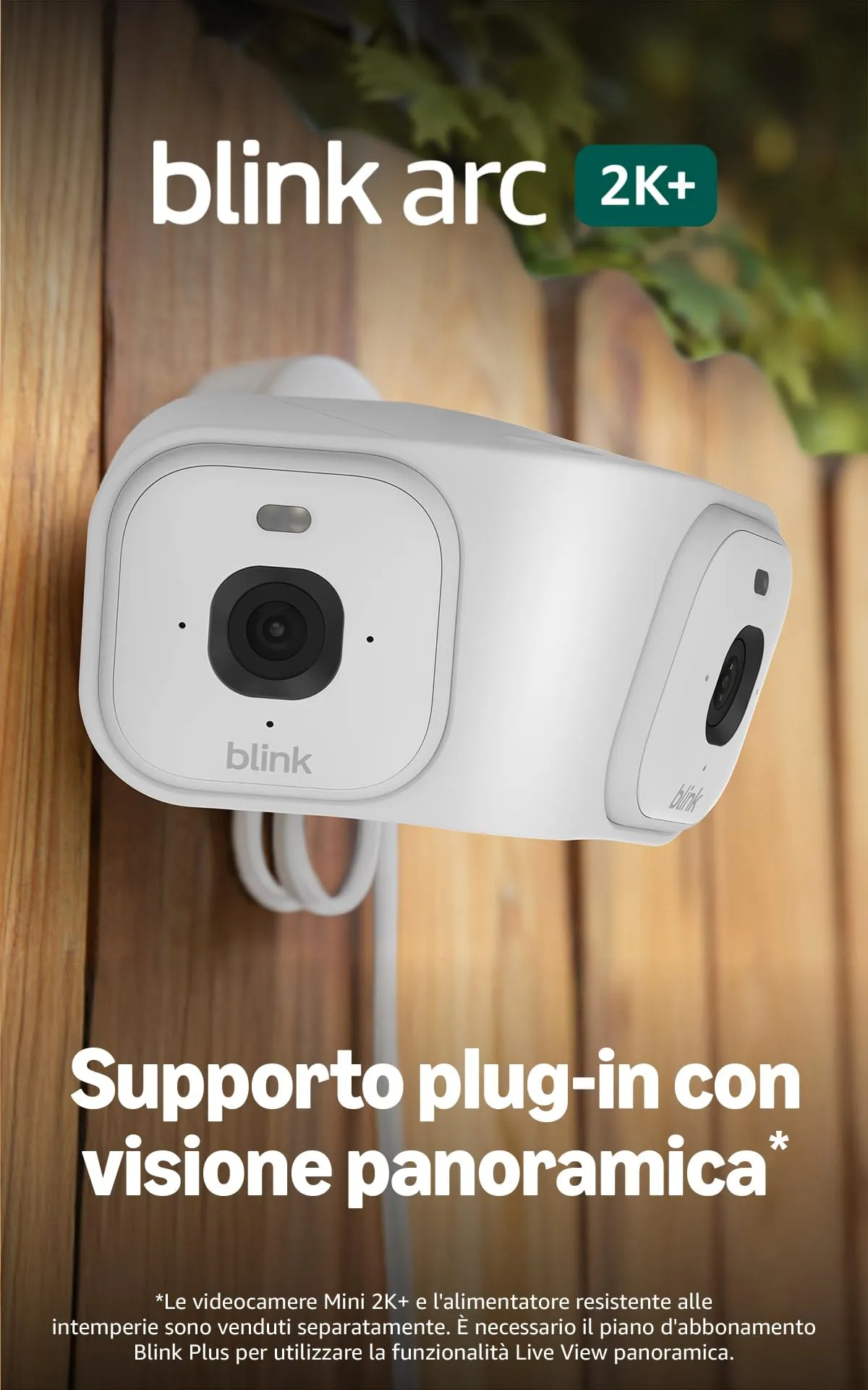 Blink Arc | Dispositivo con alimentatore plug-in e visione panoramica, 180° [È richiesto un piano di abbonamento Plus] supporto per 2 videocamere per Mini 2K+ e Mini 2 | Solo accessorio - Bianco