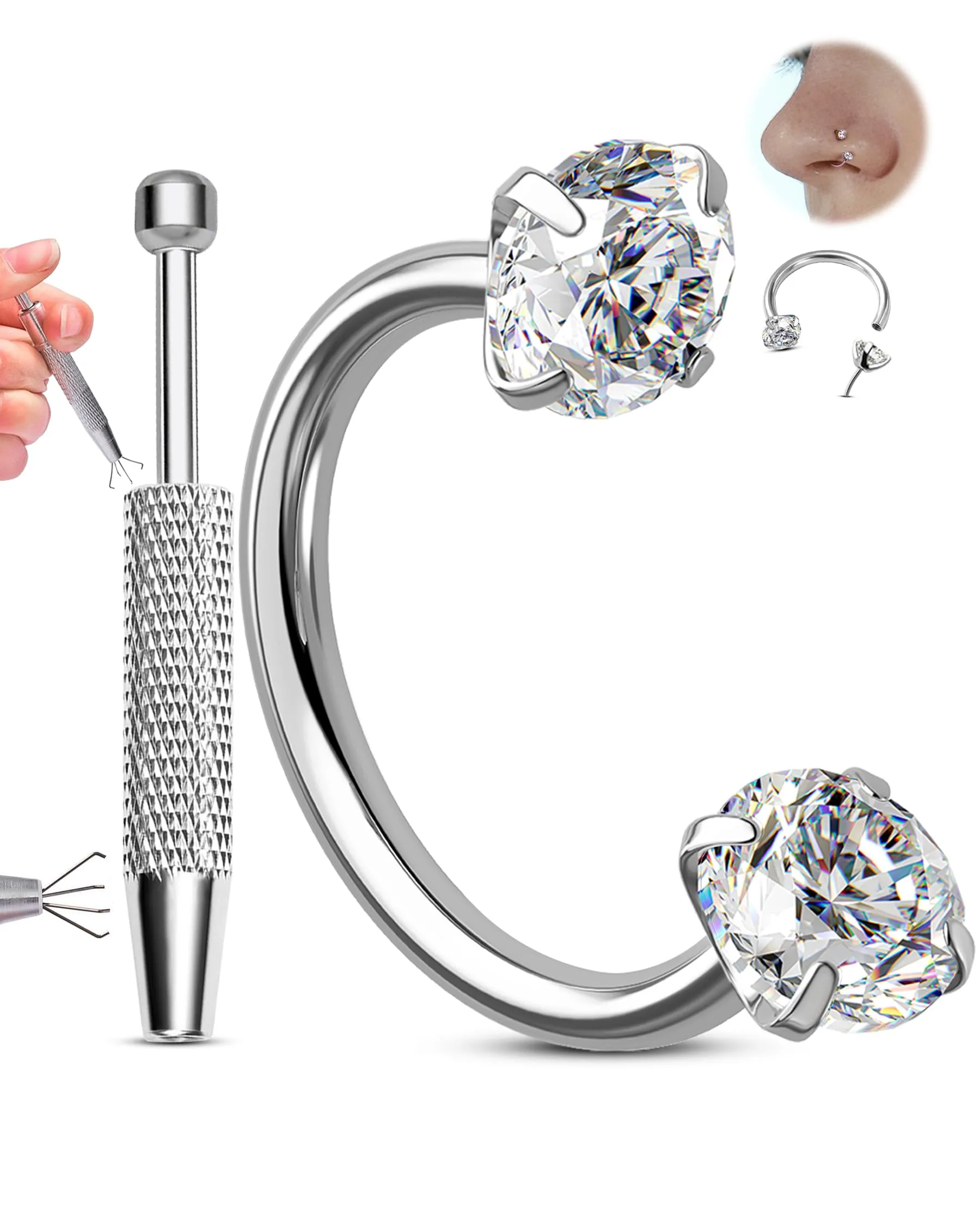 OUFER 20G Ferro di Cavallo Anello Naso Senza Filettatura Acciaio Inossidabile 316L Piercing Ball Grabber Orecchini a Cerchio CZ Trasparente Piercing Nostril Helix Septum Daith Lobe Per Le Donna 8 mm