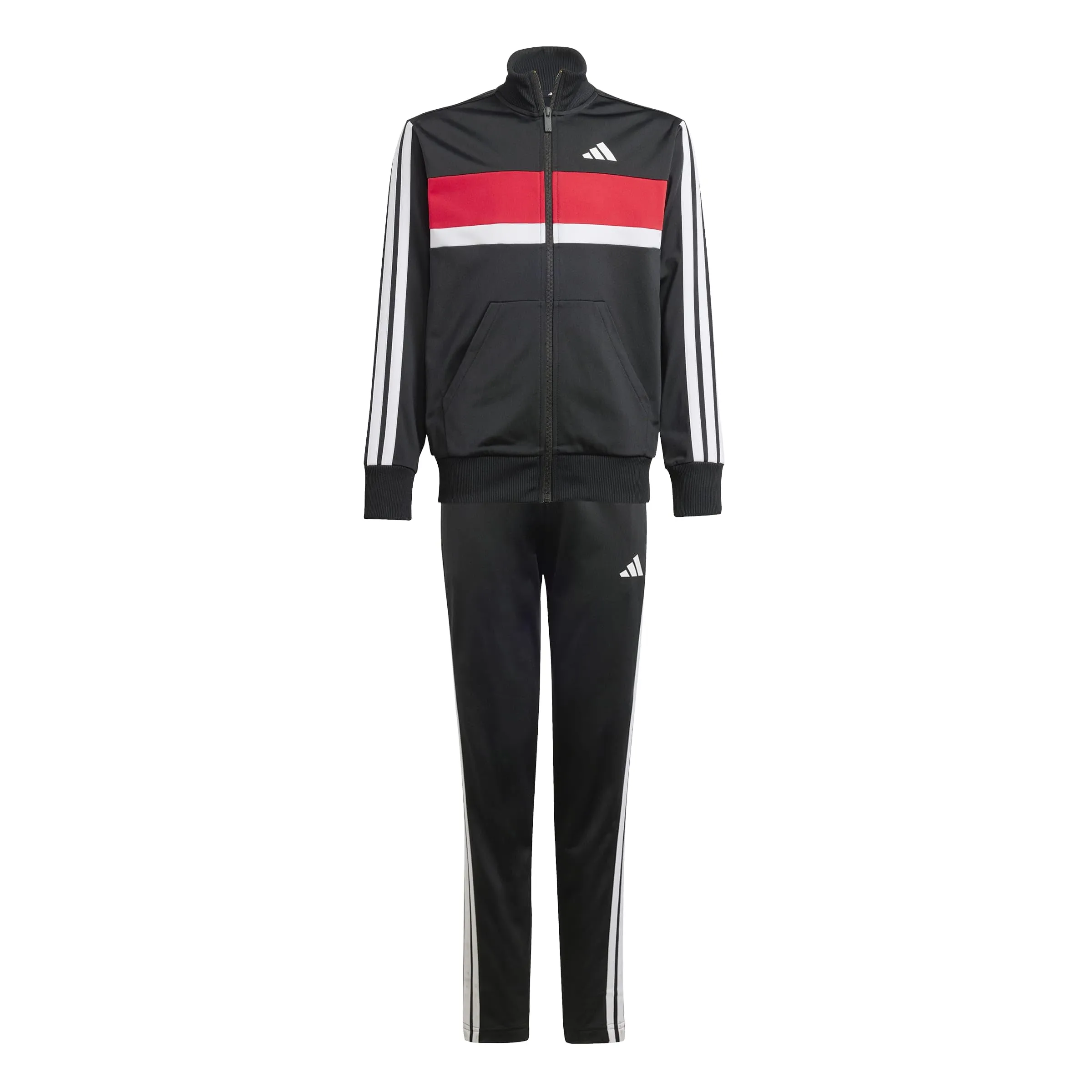 adidas Unisex - Bambini SEASONAL ESSENTIALS TIBERIO 3 STRIPES TRICOT TRACKSUIT, black/white/pure ruby, 4-5 Years