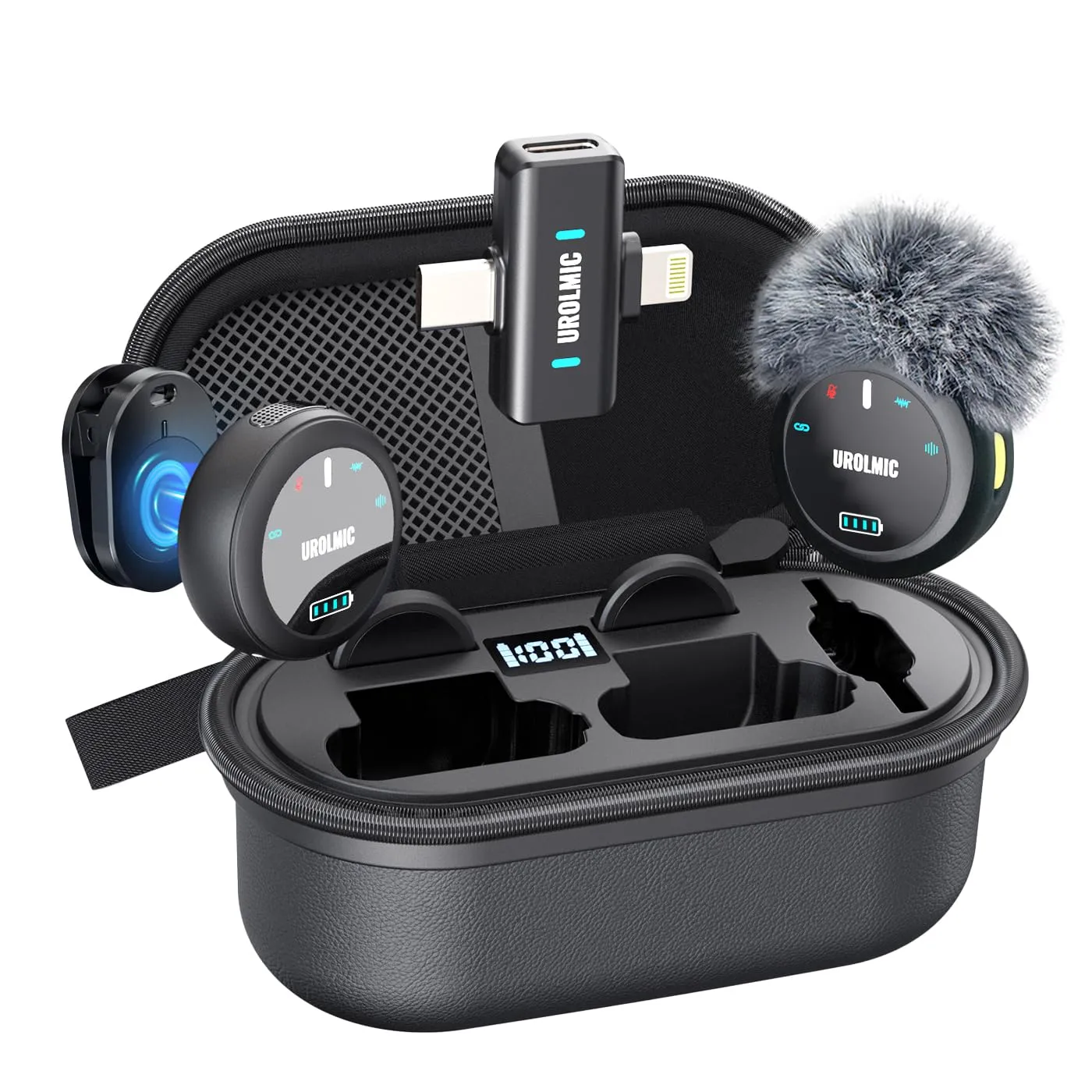 UROLMIC Microfono wireless 2-in-1, 40 Ore di Autonomia, Cancellazione Rumore Professionale, Indossamento Magnetico, Trasmissione 55m, Compatibile con iPhone e Android per Registrazione