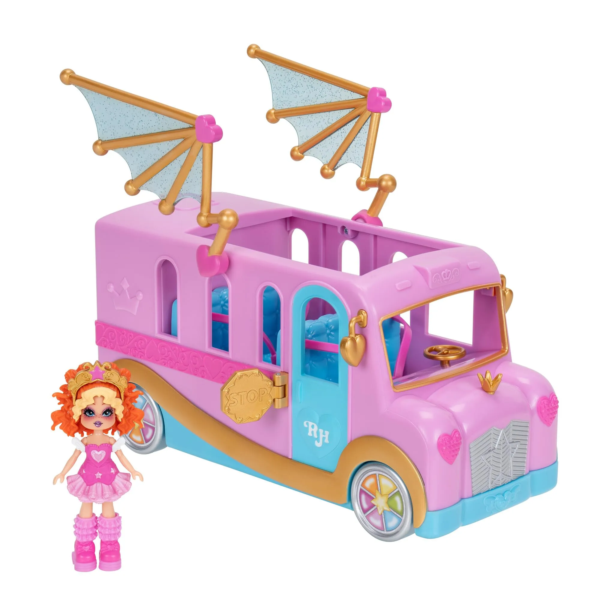 Royale High Bus & Glam Closet - (1) Esclusiva bambola, armadio Glam On-The-Go, ali mobili, ruote funzionanti e spazio per 4 amici, codice articolo virtuale incluso, età 5+
