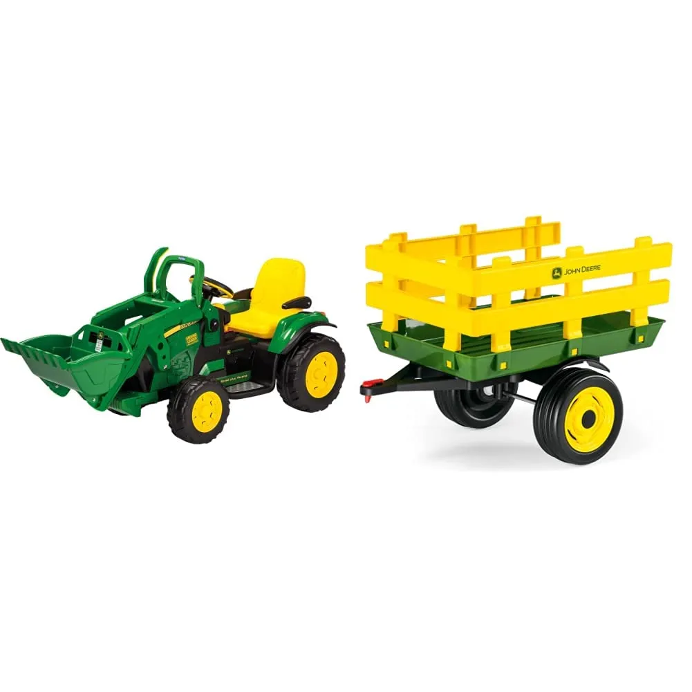 Peg Perego John Deree Ground Loader, Ruspa Elettrica A Batteria Ricaricabile con Benna, dai 3 Anni & Perego Rimorchio A 2 Ruote, John Deere Stake-Side Trailer