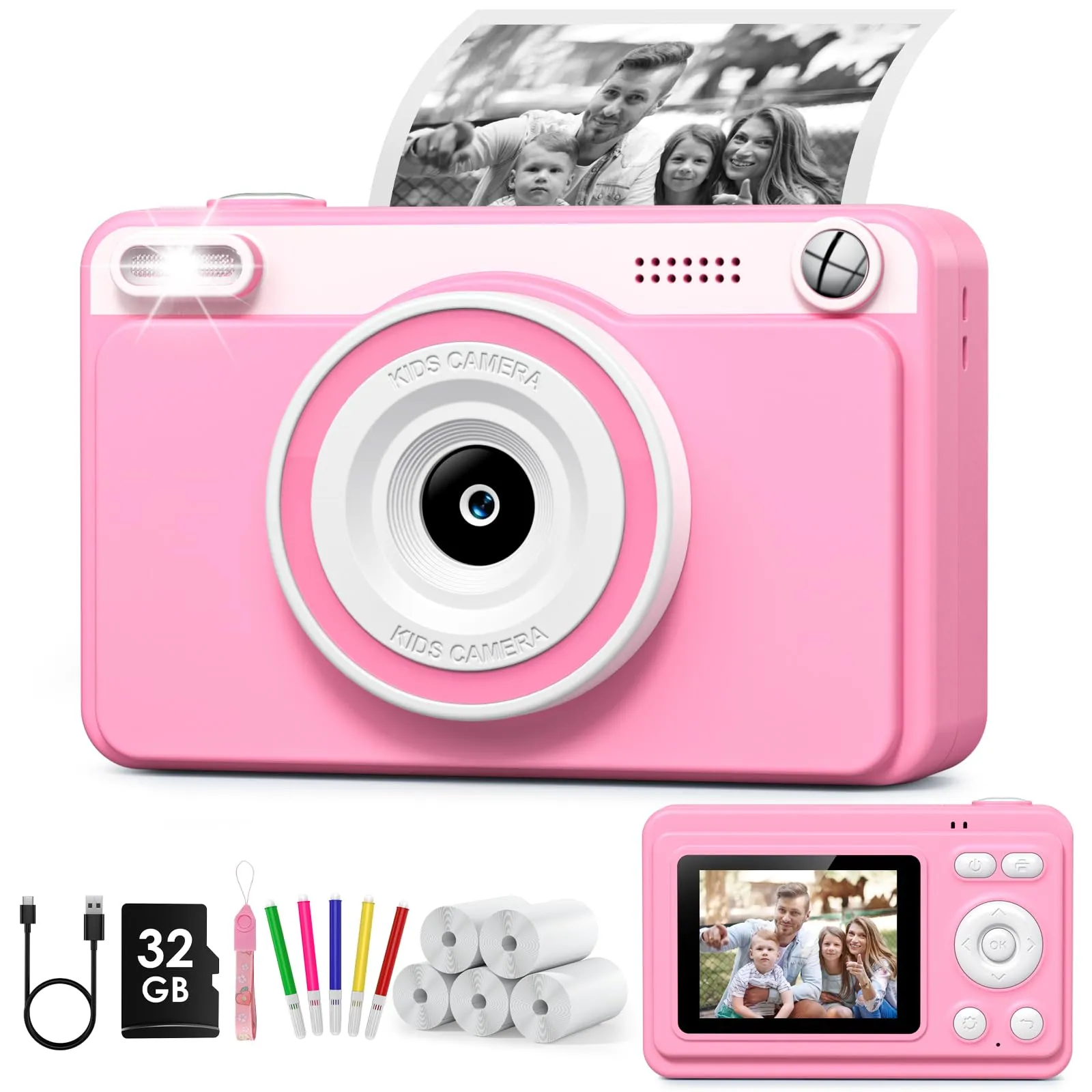 Macchina Fotografica Bambini Istantanea, 2.4" Schermo Fotocamera Istantanea con 32GB Scheda, 1080P Fotocamera Digital per Bambini, Giocattolo Regalo per Bambino da 3-14 Anni