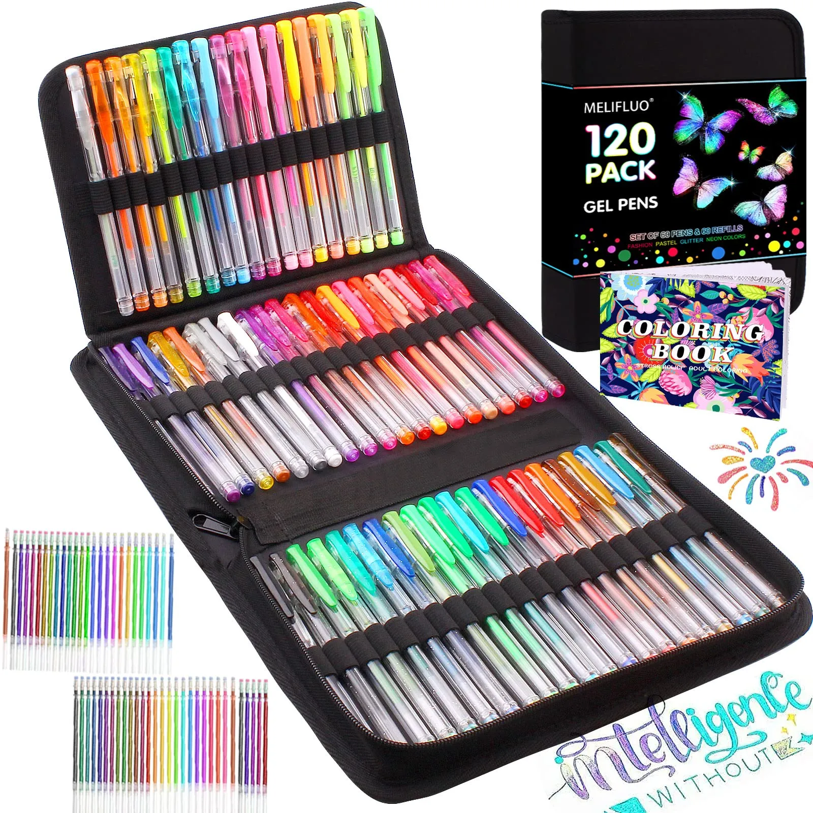 Melifluo Confezione da 120 Penne Colorate Cerniera 60 Penne Gel Colorate con 60 Penne Gel per Colorare in Custodia con per Adulti e Disegni per Scarabocchi, Artigianato, Scrittura