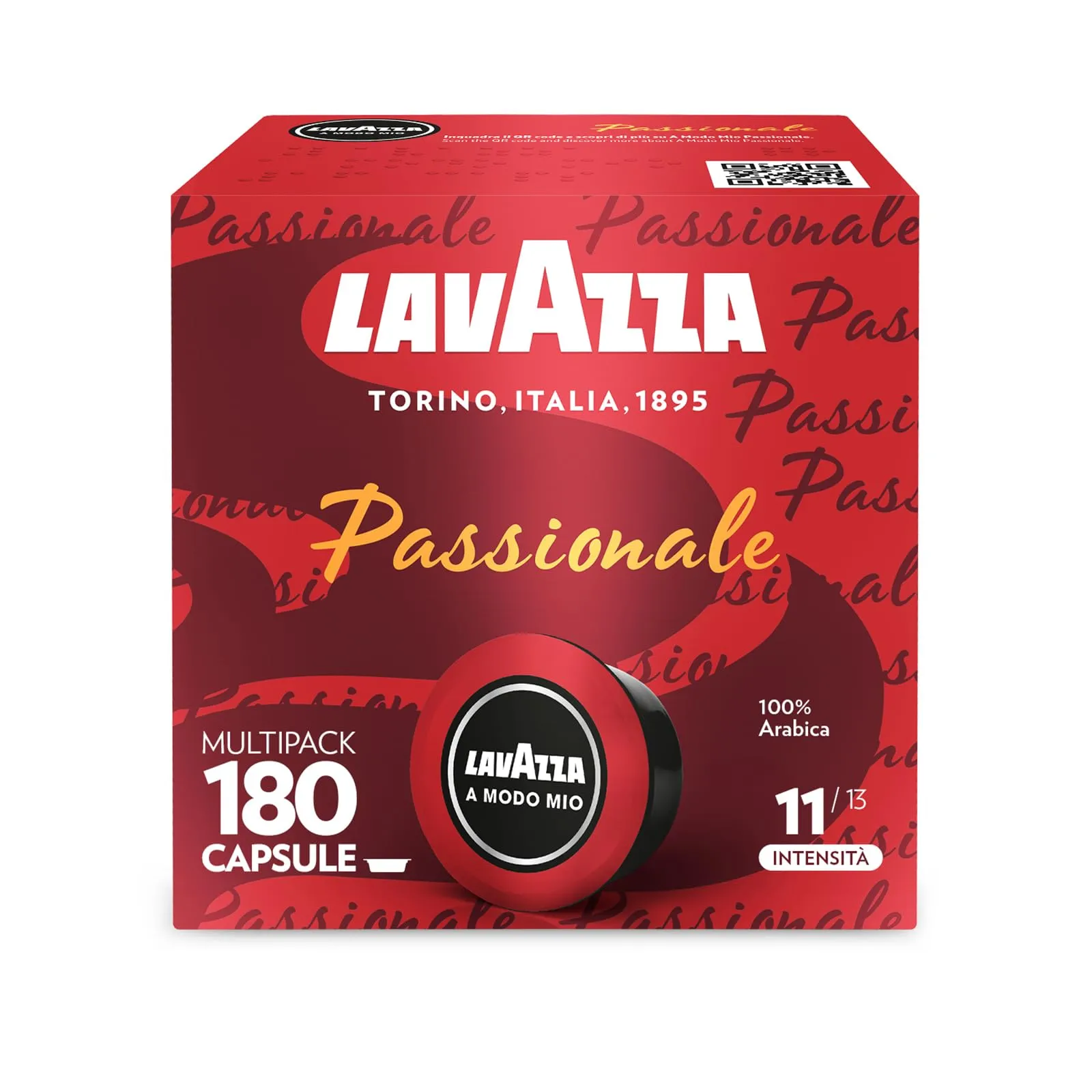 Lavazza, A Modo Mio Passionale, 180 Capsule Caffè, per un Espresso con Note di Caramello e Cioccolato, 100% Arabica, Intensità 11/13, Tostatura Scura, 5 Confezioni da 36 Capsule
