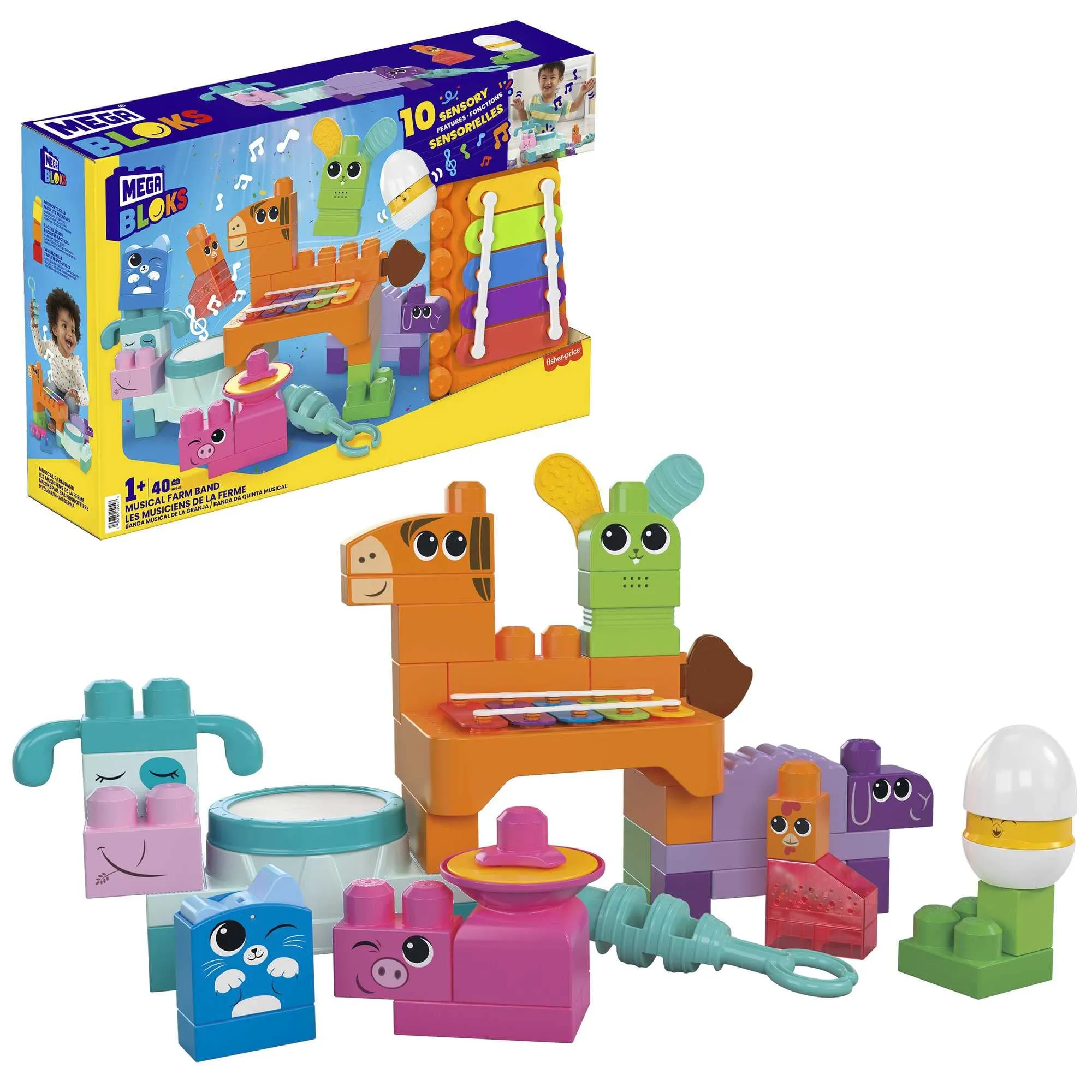 MEGA Bloks - Banda Fattoria Musicale, playset educativo da costruire con 45 blocchi, include 6 spartiti, 10 funzioni sensoriali e tanti amici animali, giocattolo per bambini, 1+ anni, HPB46
