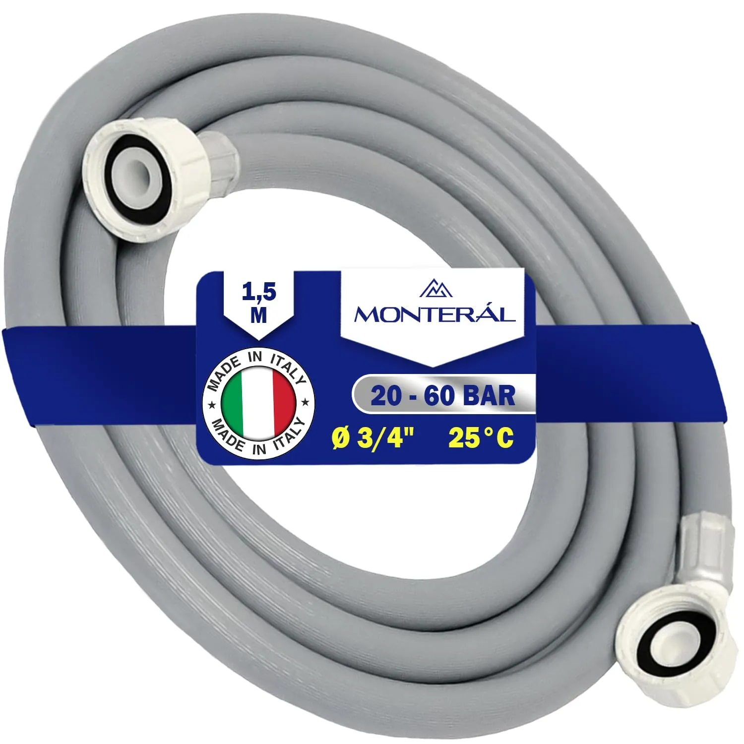 Tubo Carico Lavatrice e Lavastoviglie 3 m per Temperature fino a 25°C Pressione da 20 a 60 Bar Connessione è Diritta e Angolata Ø 3/4" - MADE IN ITALY - MONTERAL