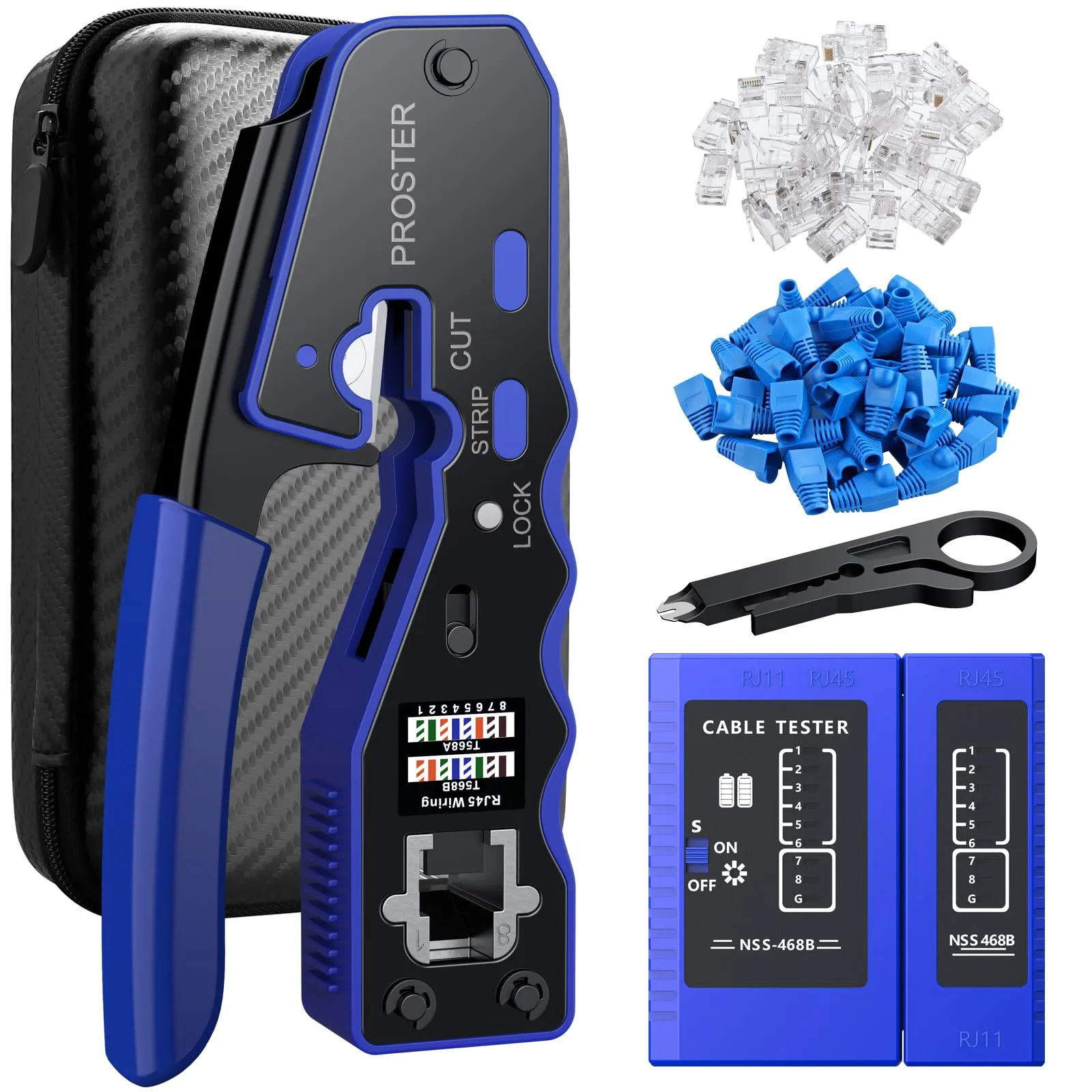Proster Pinza Crimpatrice RJ45 Pass Through Multifunzione Spelafili per Cavo Rete Cat5 Cat5e Cat6 Cat6a Kit Strumento Crimpatura con 50pz Connettori Cat6 e Coperture di Protezione Tester Custodia