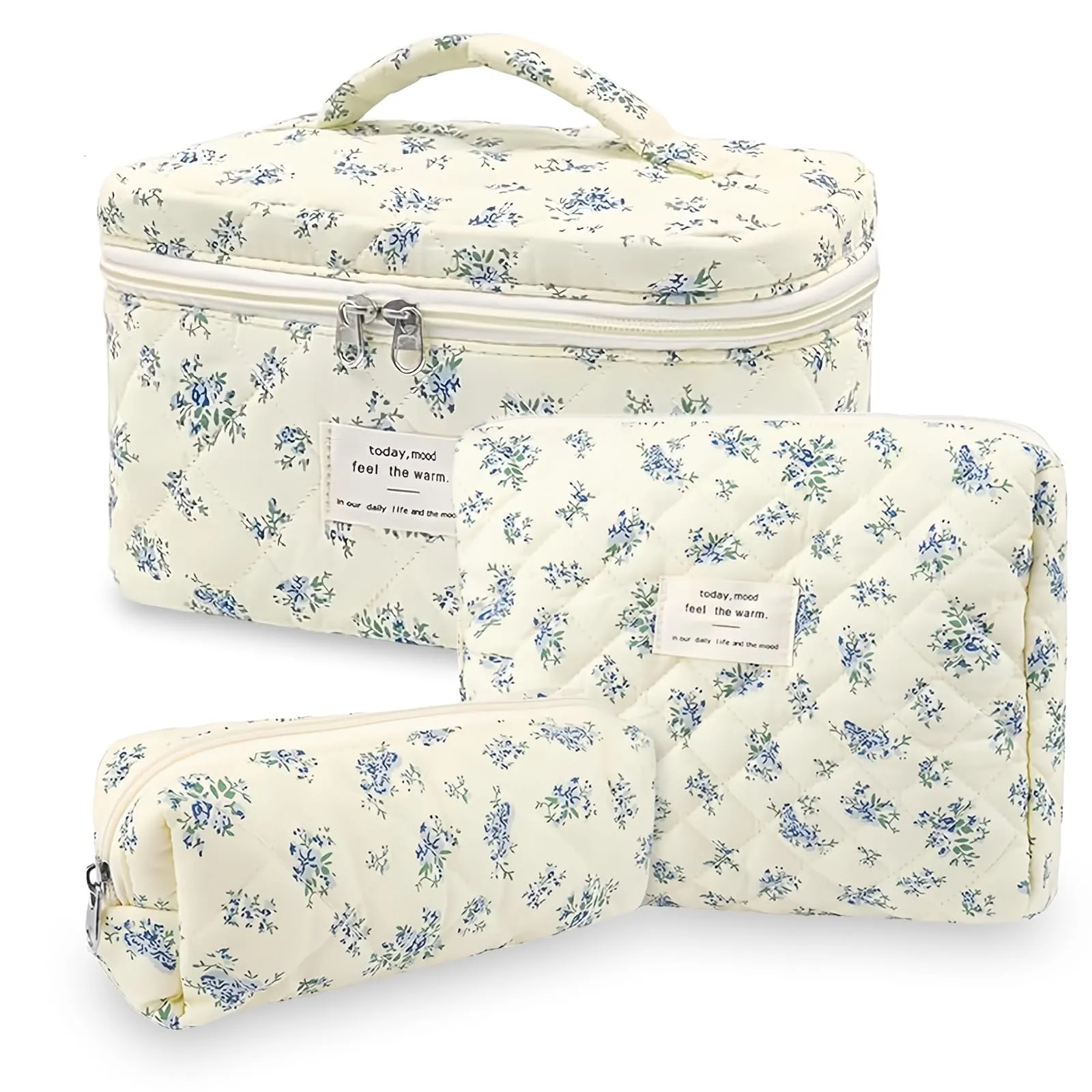Aucuu Beauty Case, 3 Pezzi Floreale Grande Capacità per Il Trucco, Borsa da Toilette Trapuntata, Beauty Case da Viaggio Cotone Morbido, Beauty Trapuntato Grandei da Toilette Makeup Bag Organizer
