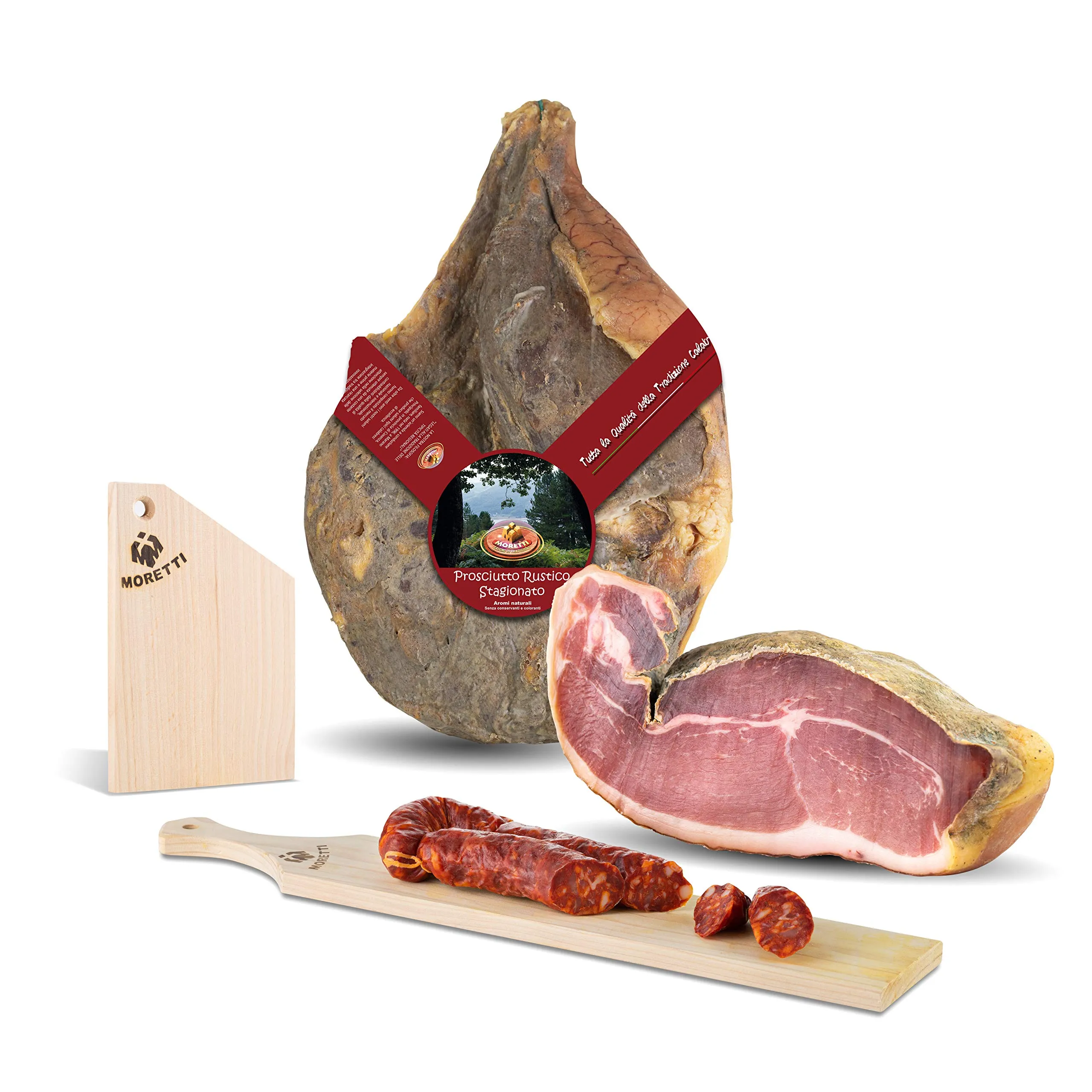 Moretti® Prosciutto Crudo Intero | 6 kg Circa | Magro Stagionato | 100% Naturale | Senza Conservanti | No OGM | Regalo Tagliere Legno e Salsiccia Stagionata (Senza Osso)