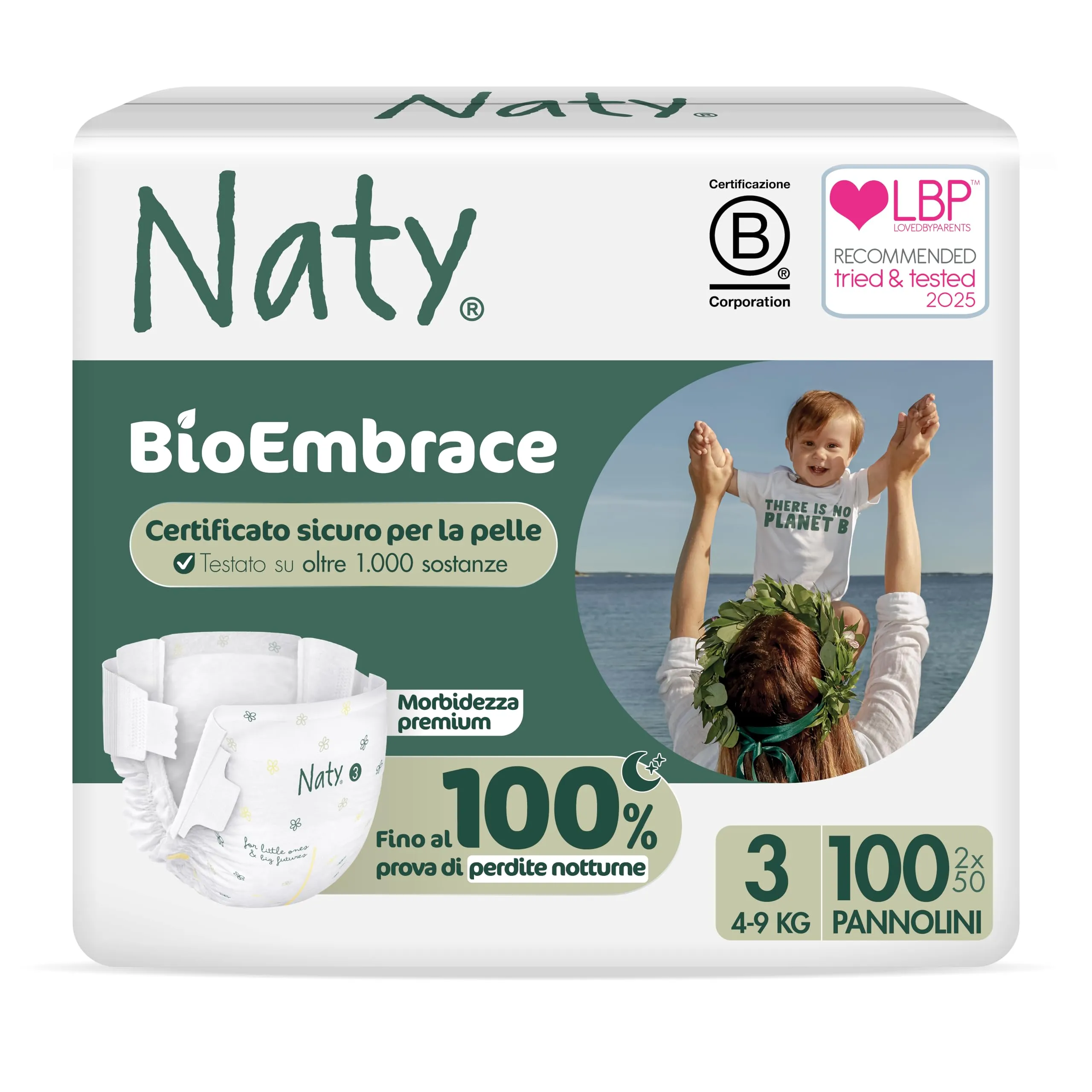 Naty BioEmbrace Pannolini per Bambini Taglia 3 (4–9 kg) | 100% a base vegetale sulla Pelle | Morbidezza vegetale, Dermatologicamente Testati, Super Assorbenti| 100 Pezzi