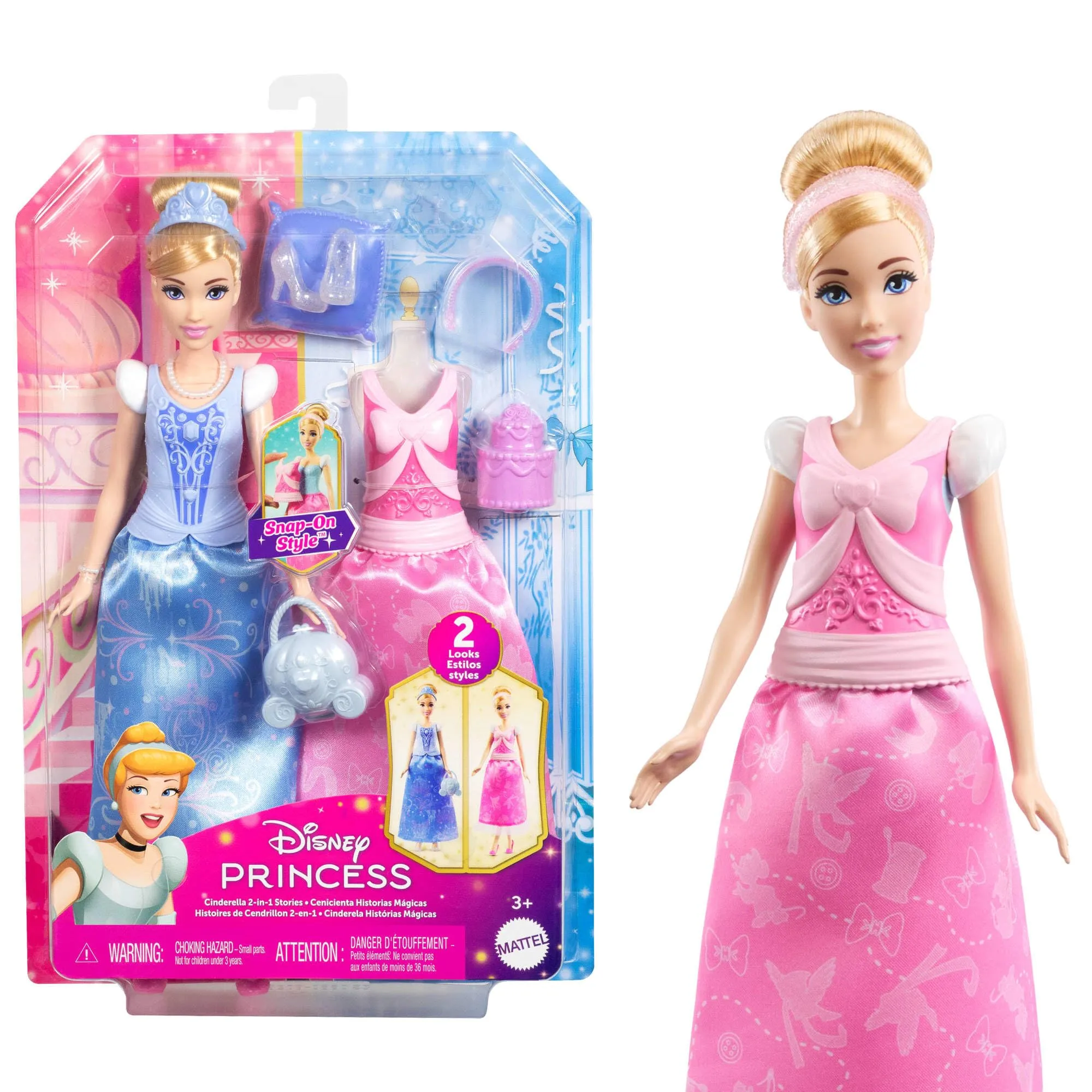 Mattel Disney Princess - Cenerentola 2 storie in 1, bambola alla moda ispirata al film con 2 look completi intercambiabili e 9 accessori inclusi, giocattolo per bambini, 3+ anni, JCR95