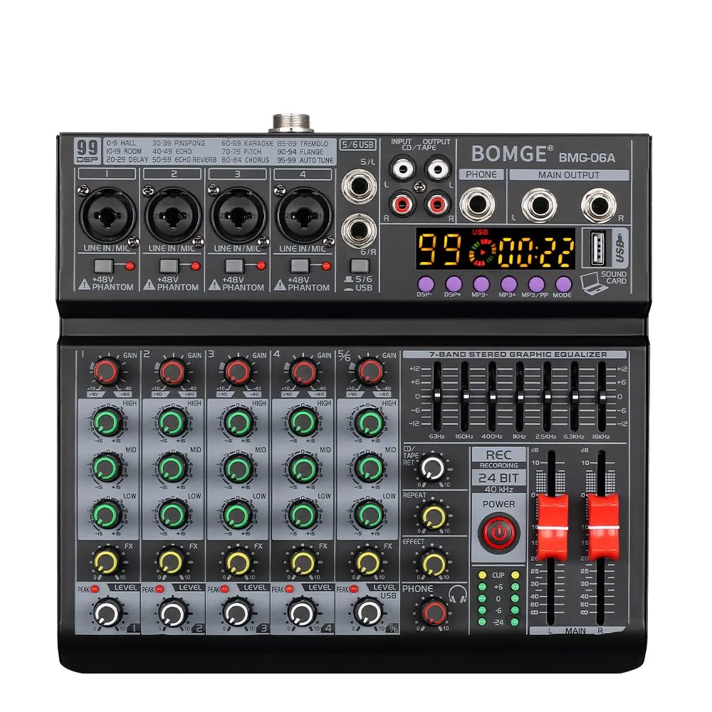 BOMGE Mixer audio DJ professionale a 6 canali 06A, mixer audio controller DJ con 99 effetti DSP, equalizzatore a 7 bande indipendente 48 V Bluetooth interfaccia registrazione USB per registrazione in