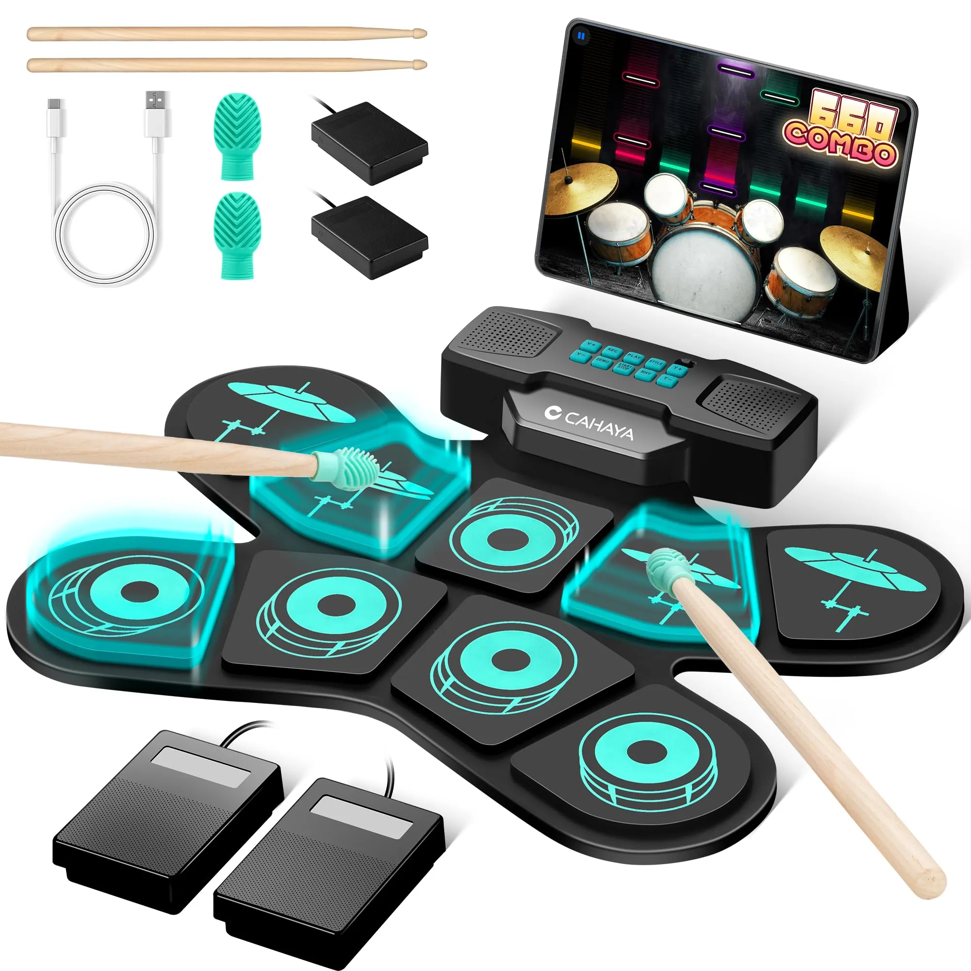 CAHAYA Set Batteria Elettronica Portatile: Tamburo Elettronico Portatili con 9 Pad Altoparlanti Incorporati Bacchette per Batteria Pedal Regalo per Principianti