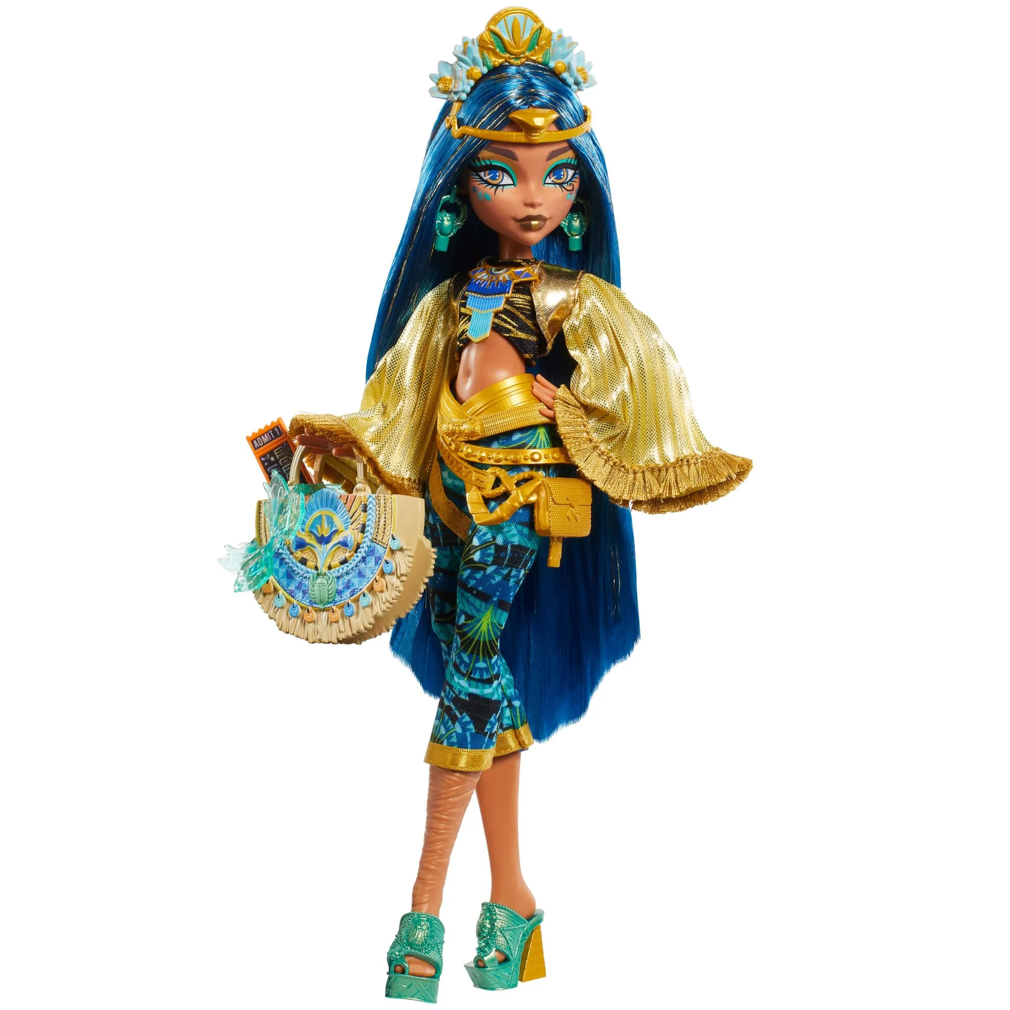 Monster High - Cleo de Nile Monster Fest, bambola con outfit glamour e accessori a tema festival musicale inclusi, spuntini, poster della band e borsa, giocattolo per bambini, 4+ anni, HXH81, blu