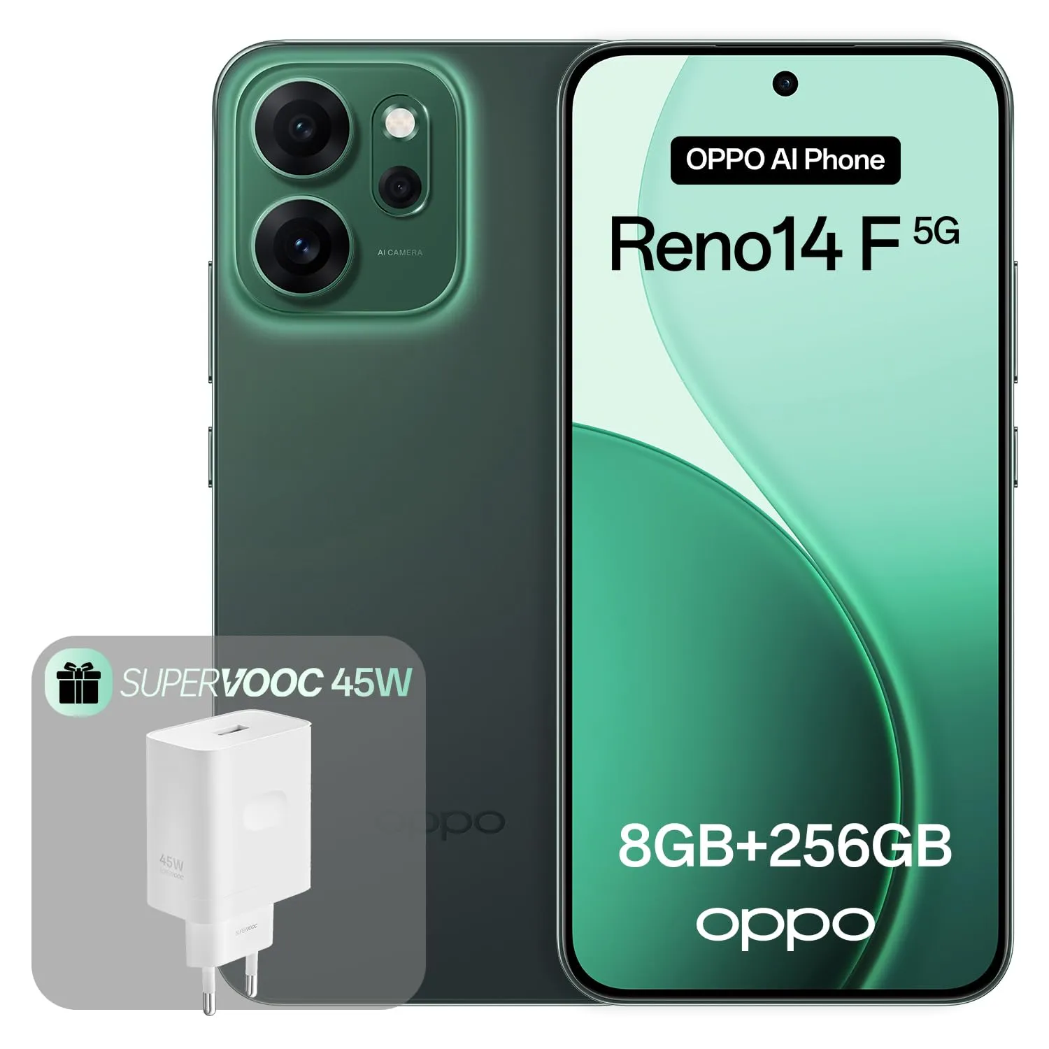 OPPO Reno14 F 5G 8+256GB, Smartphone Android Sbloccato AI, Display 6,57" 120Hz AMOLED, Fotocamera AI 50+32MP, Batteria 6000mAh, IP69, Luminous Green (Include Caricatore 45W SUPERVOOC)