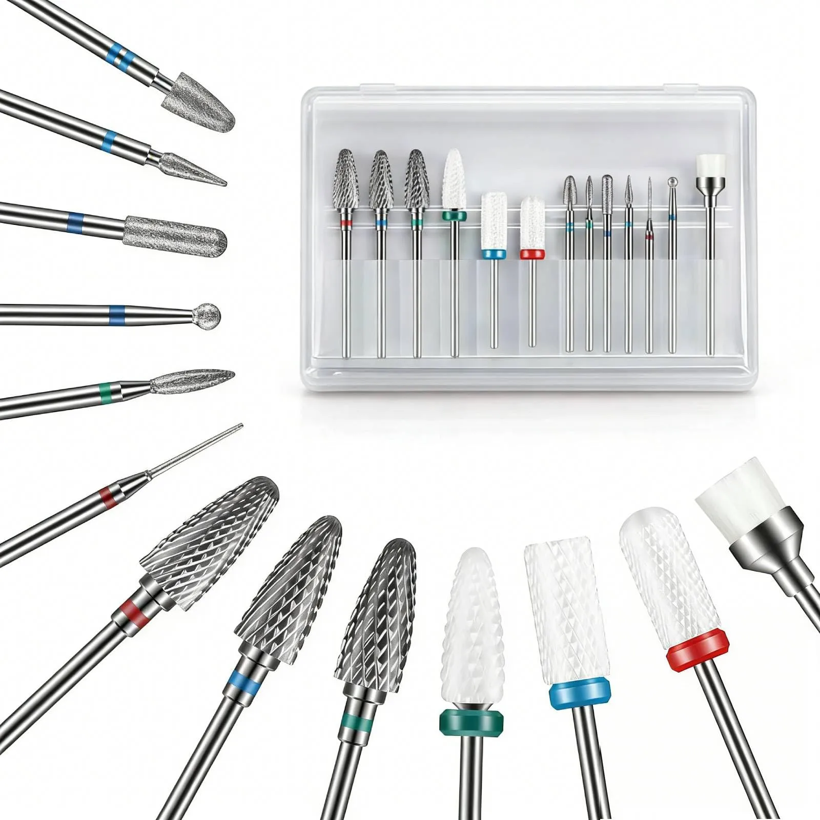 Set di 13 punte da trapano per unghie, 3 punte in carburo di tungsteno, 3 punte da trapano in ceramica, 6 punte per trapano diamantate, 1 pennello, punte da trapano da 3/32 per manicure pedicure